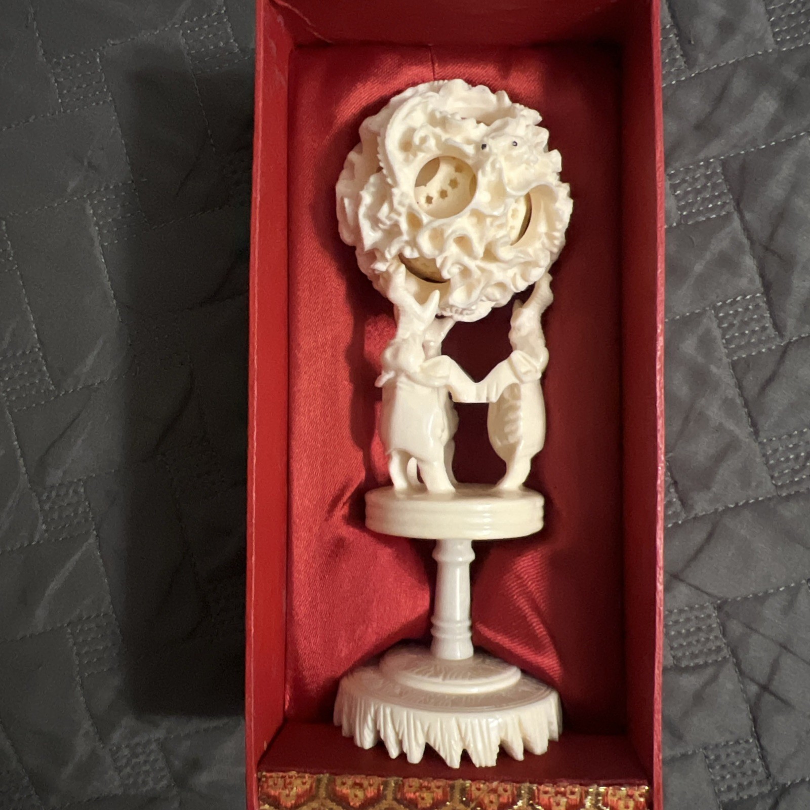Antique Chinese Dragon & Elephant Puzzle Ball Ivory Color in original box 7”