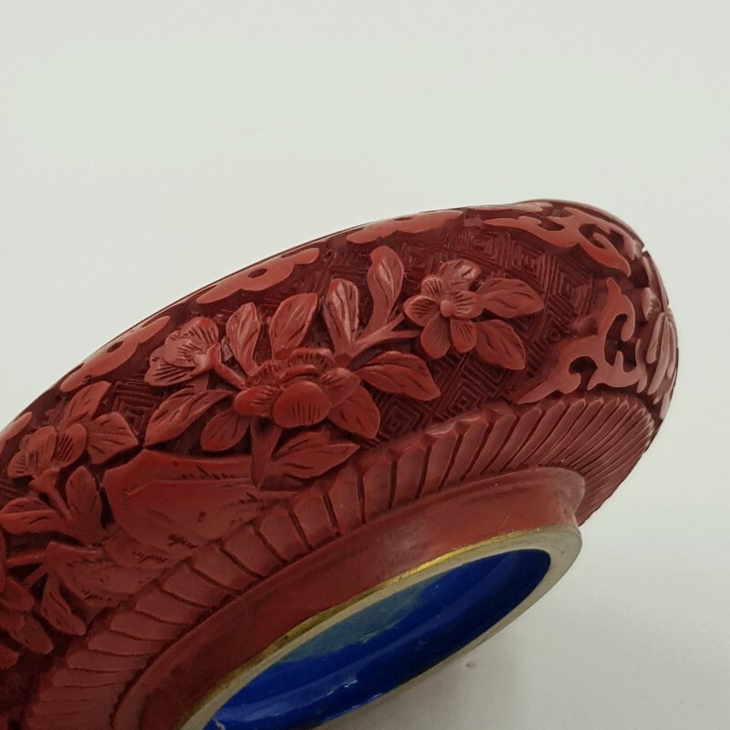 Vintage Chinese Cinnabar Lacquer Craved & Blue Enamel Brass Ashtray