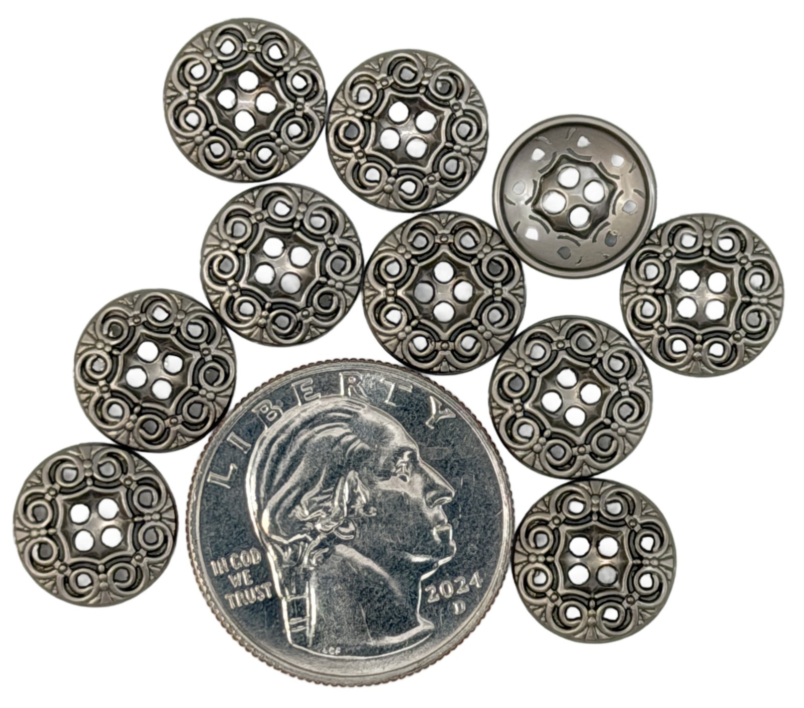 10PC Gunmetal Decorative Openwork Pattern Metal Buttons Flat Button 4 Hole 1/2″