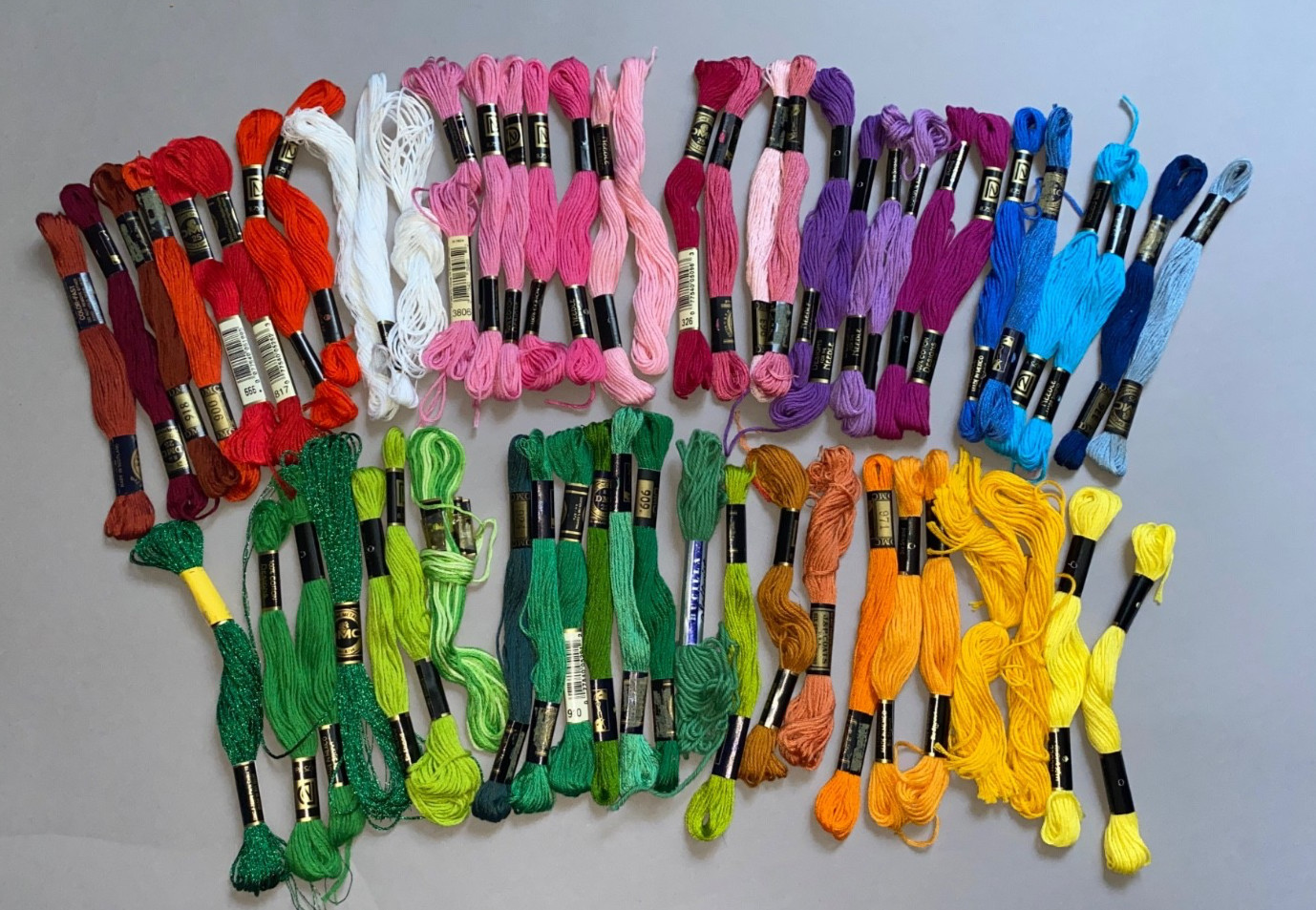 DMC Embroidery Floss Lot of 58 Variety + 3 Hoops Solids Variegated Sparkle