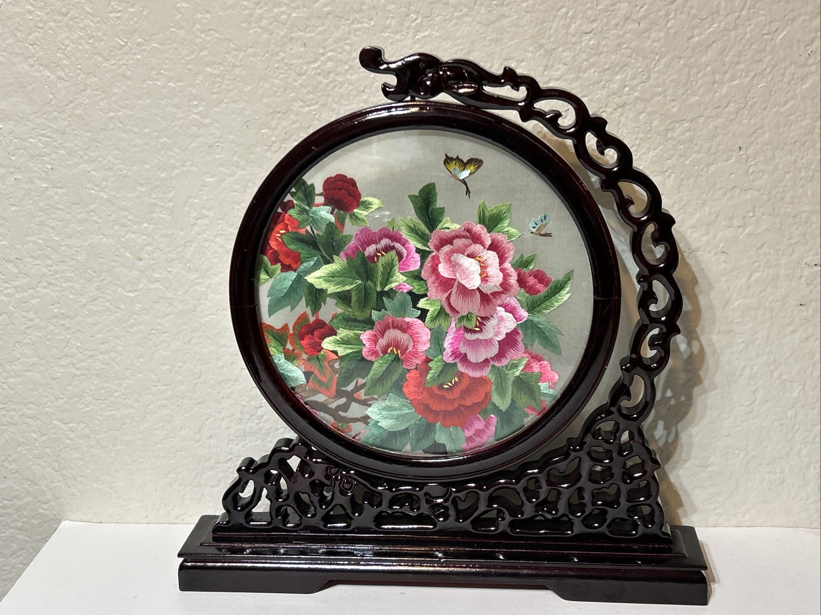 Chinese Double Sided Silk Embroidery Flowers 12″ Carved Wood Stand Peonies (d1)
