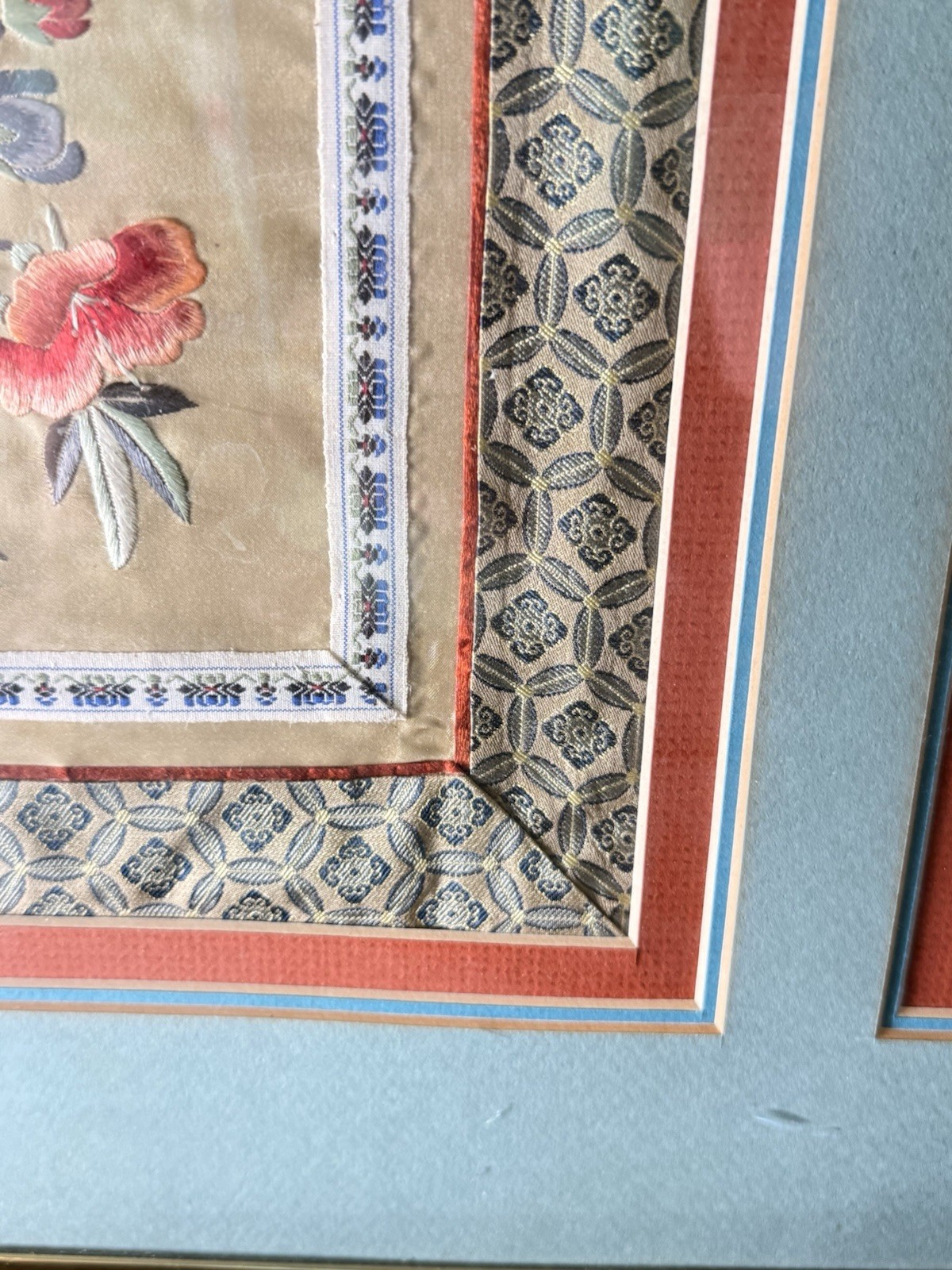 Vintage Chinese Silk Embroidery Double Panel Framed Butterflies Flowers
