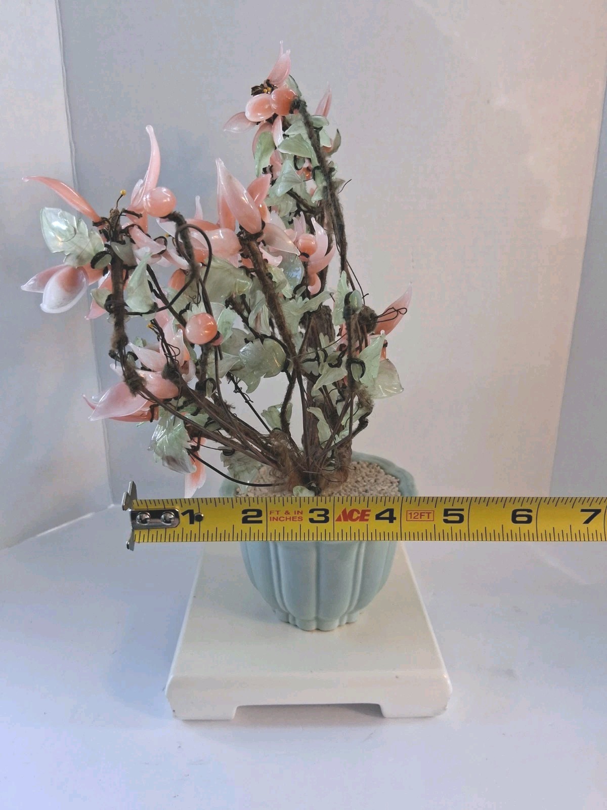 Vtg! XL Asian Bonsai Jade Glass & Coral Color Quartz Flowering Tree;14.5″x 13.0″