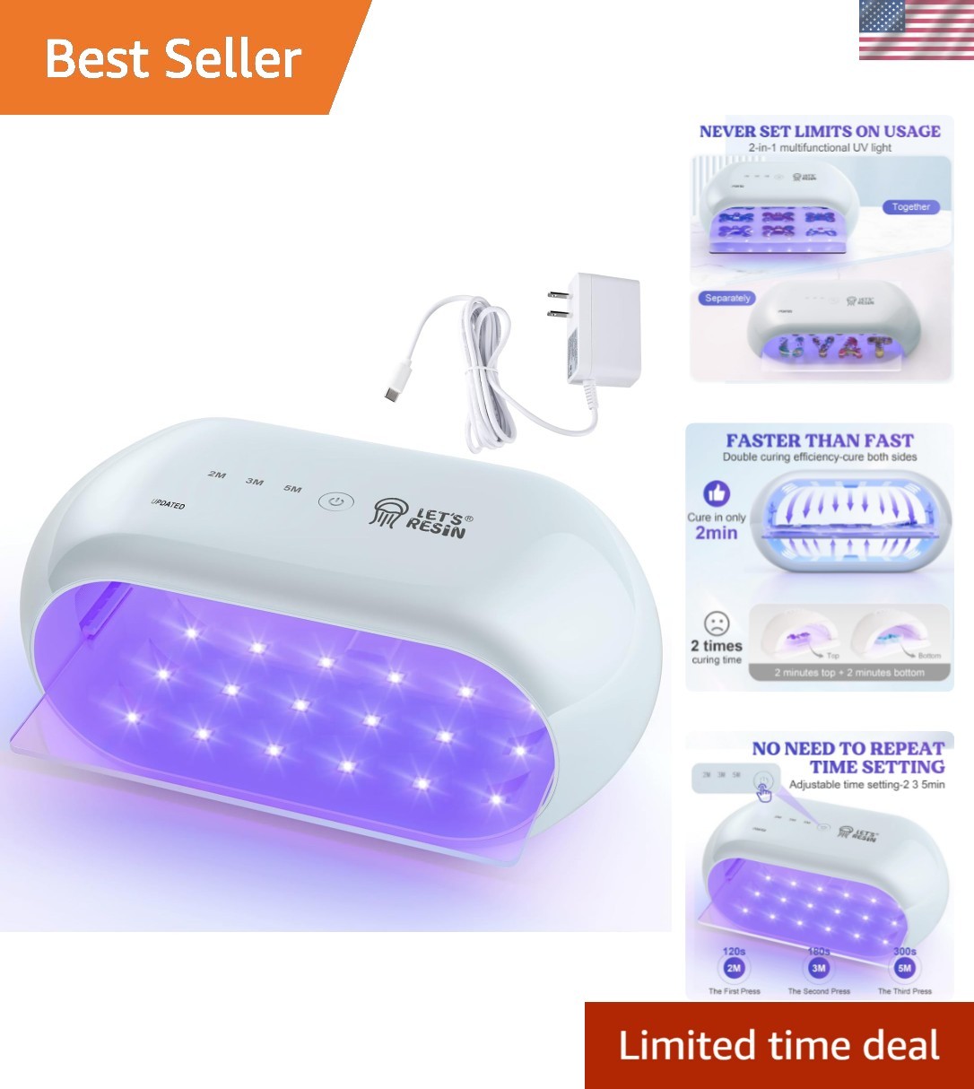 Faster Curing with Patented Double-Sided UV LED Lamp – 2, 3, 5 Min Settings