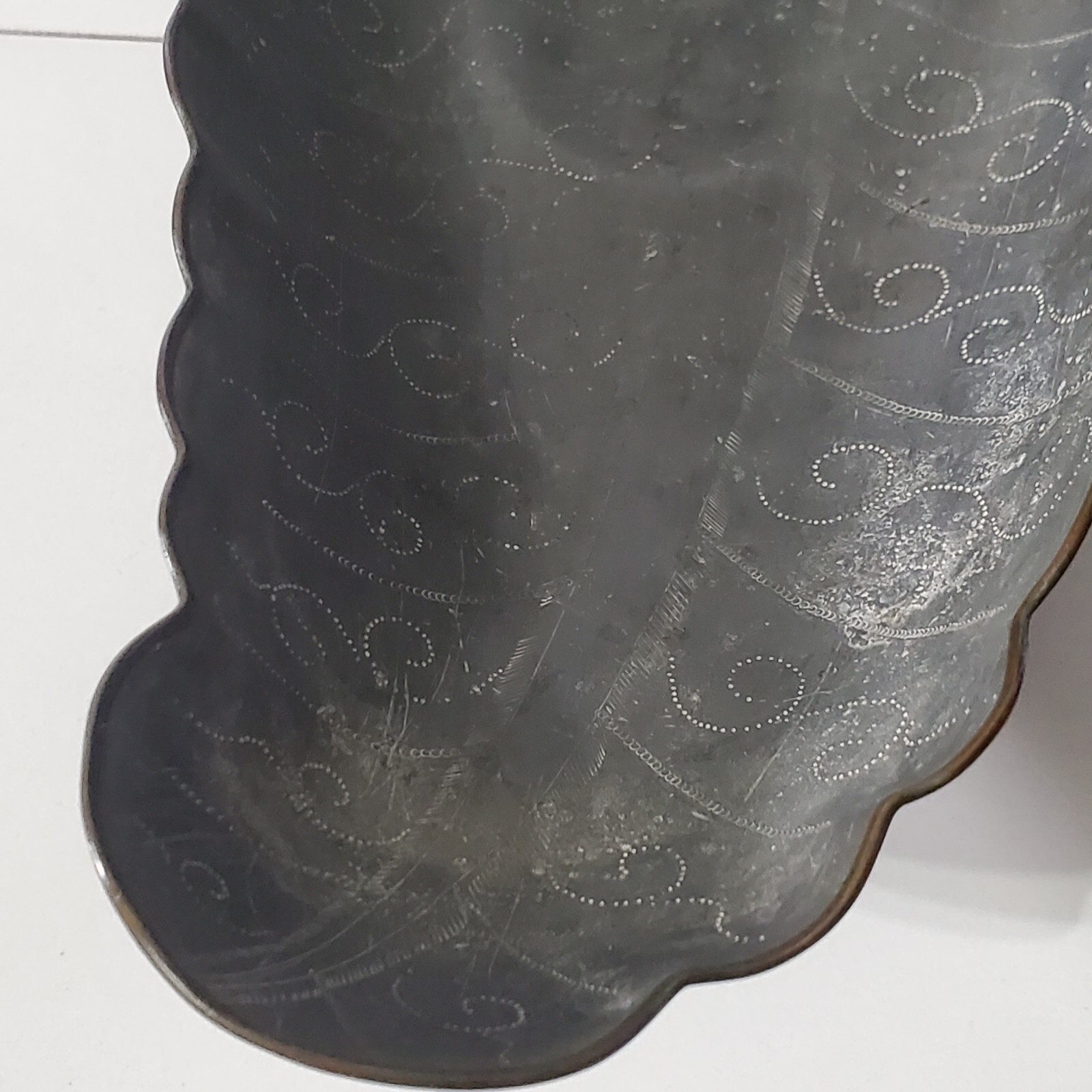 Vintage Chinese Pewter Etched Leaf Shape Tray with Semi-Precious Stones
