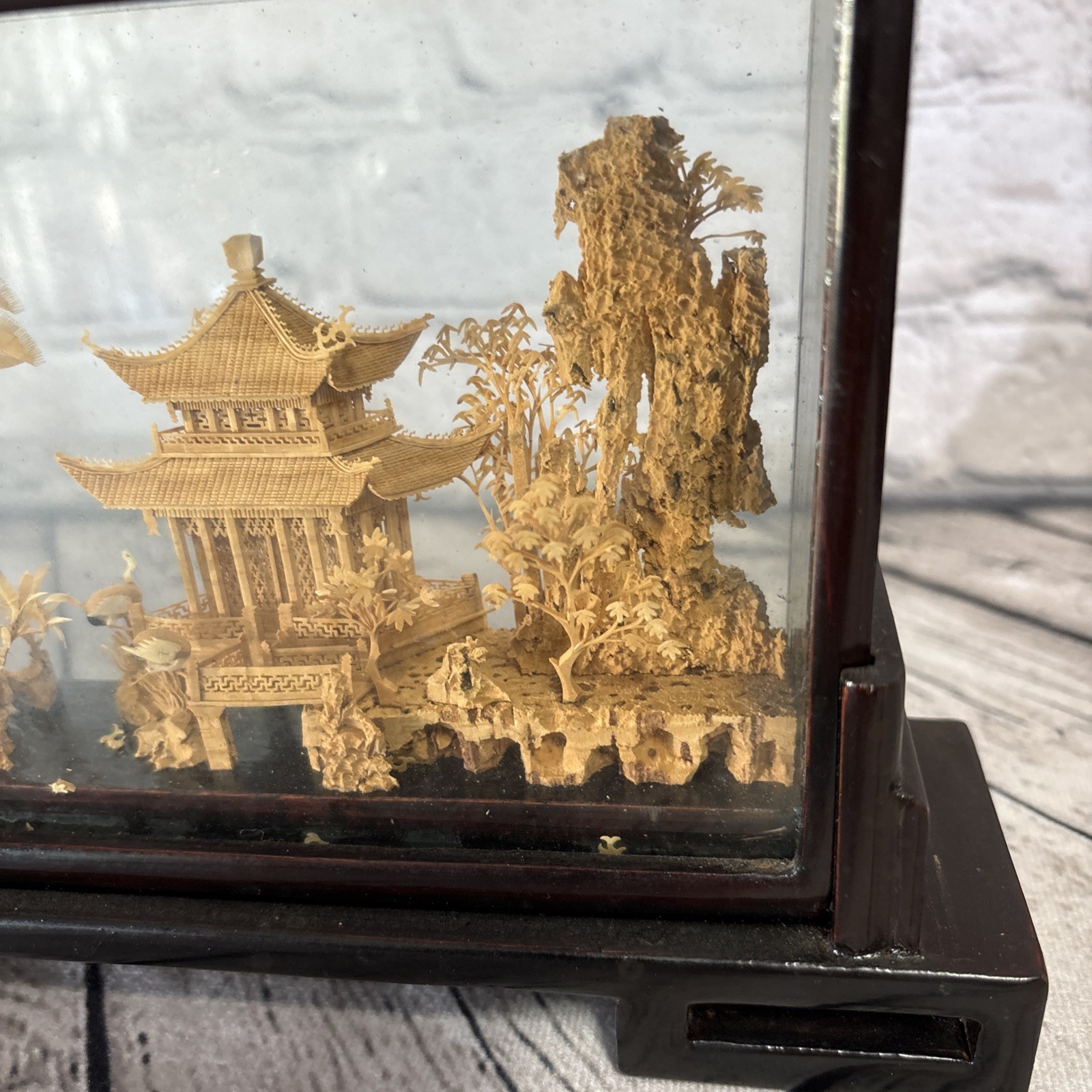 Vintage Hand-Carved Chinese Cork & Wood Sculpture Encased In Shadow Box W/Stand