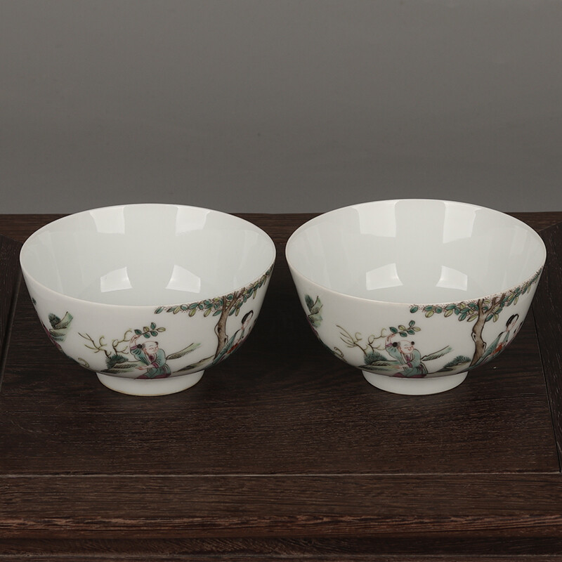 4.5″ China Famille Rose Porcelain Hand Painting Ancient Figure Stories Bowl Pair