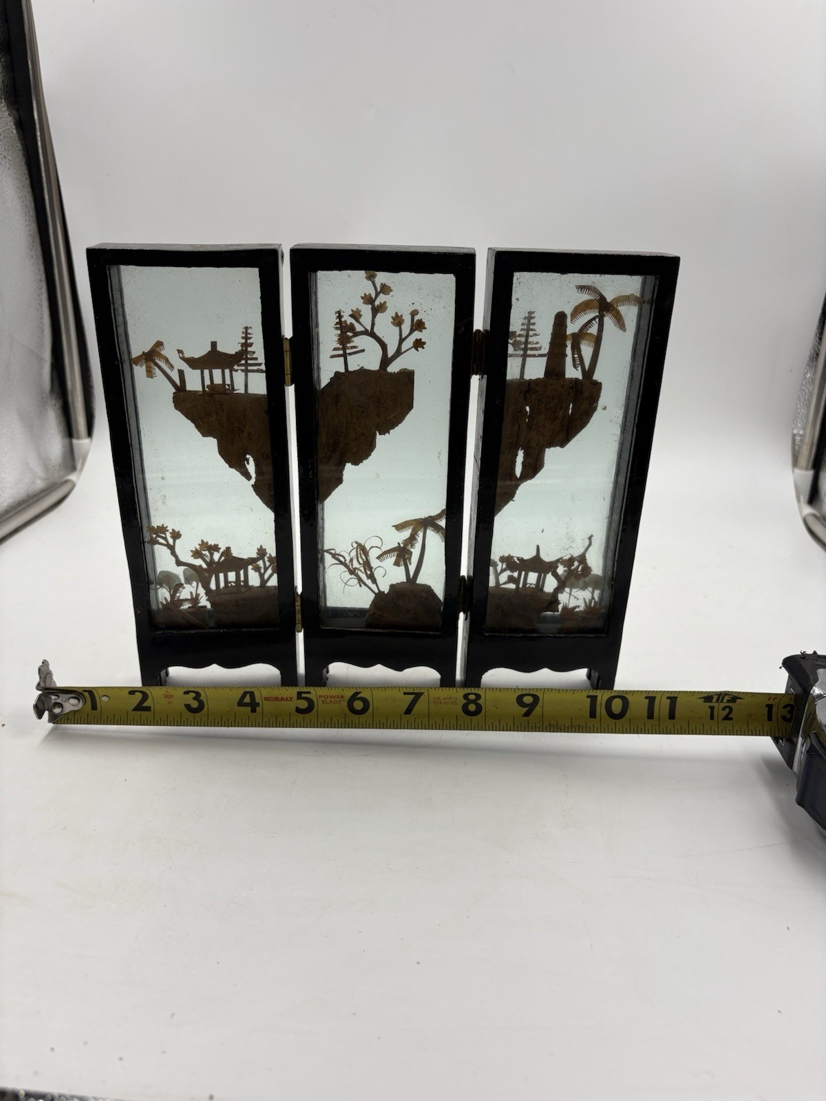 Vintage Carved Cork Art Diorama Tri Fold Table Decor Black Frame Asian