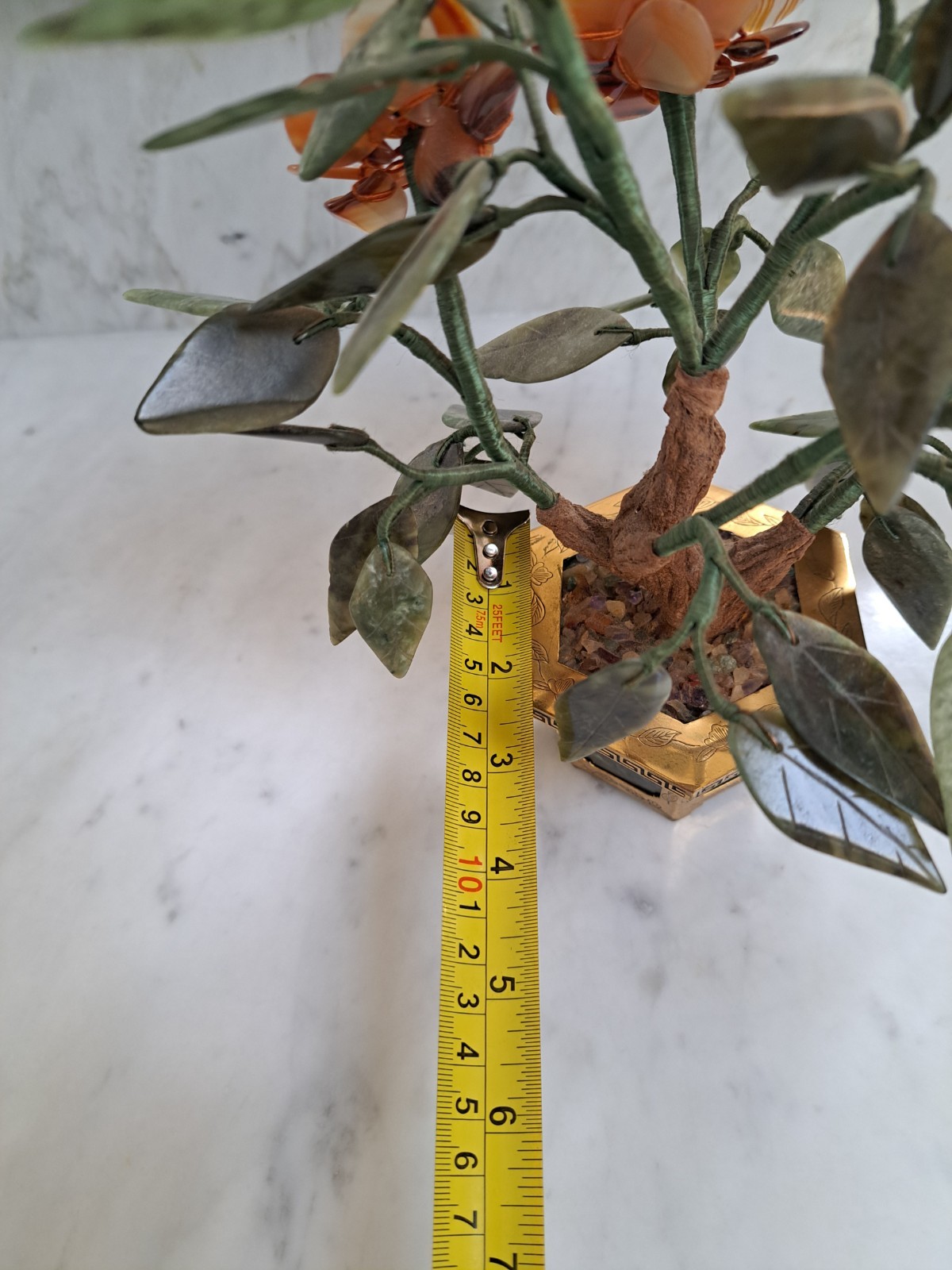 Vintage! Jade gemstone potted flowers With Brass Pot And Jade Decor.