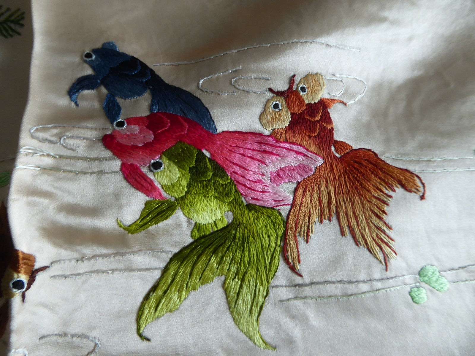 Vintage Chinese Embroidered Silk 100 Gold Fish Large Panel Bed Cover 56″x76″