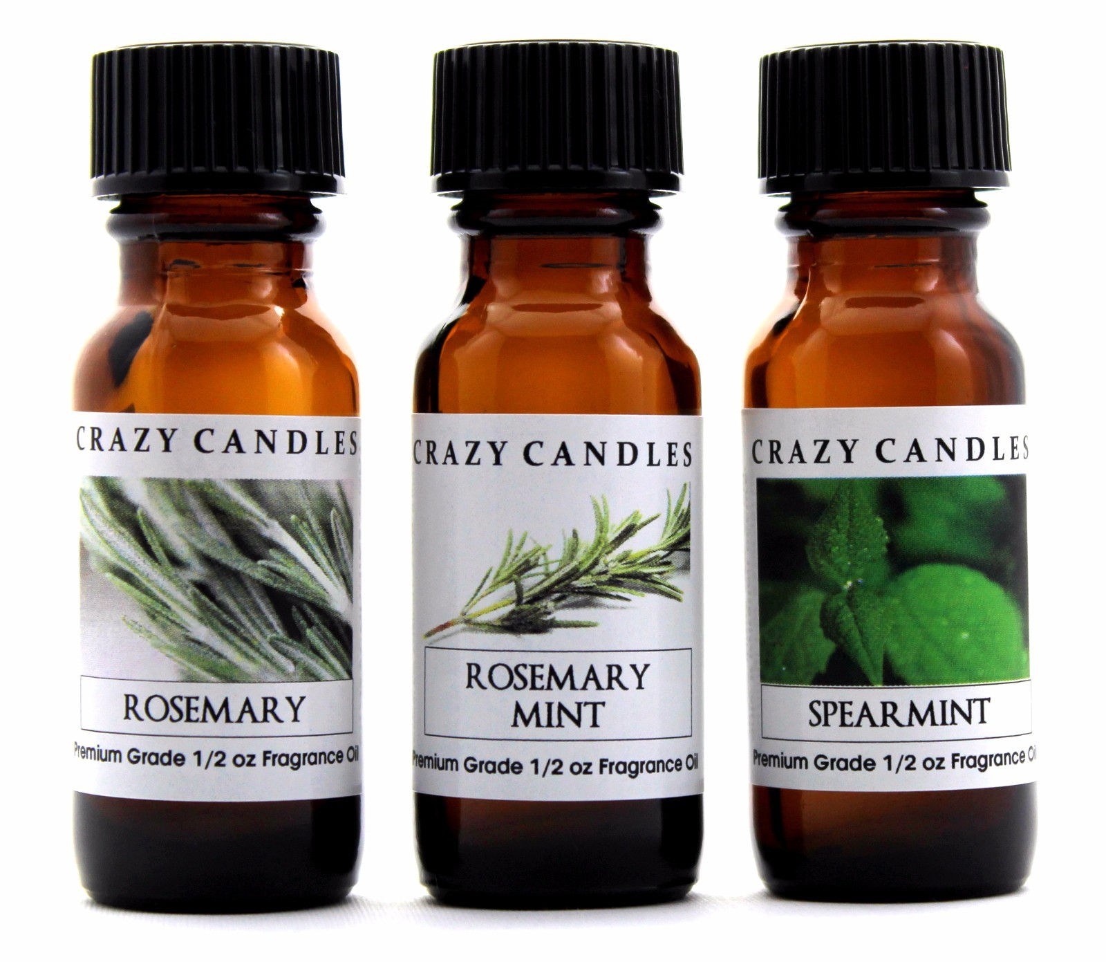 3 Oil Bottle Set Rosemary, Rosemary Mint, Spearmint Premium 1/2oz Crazy Candles