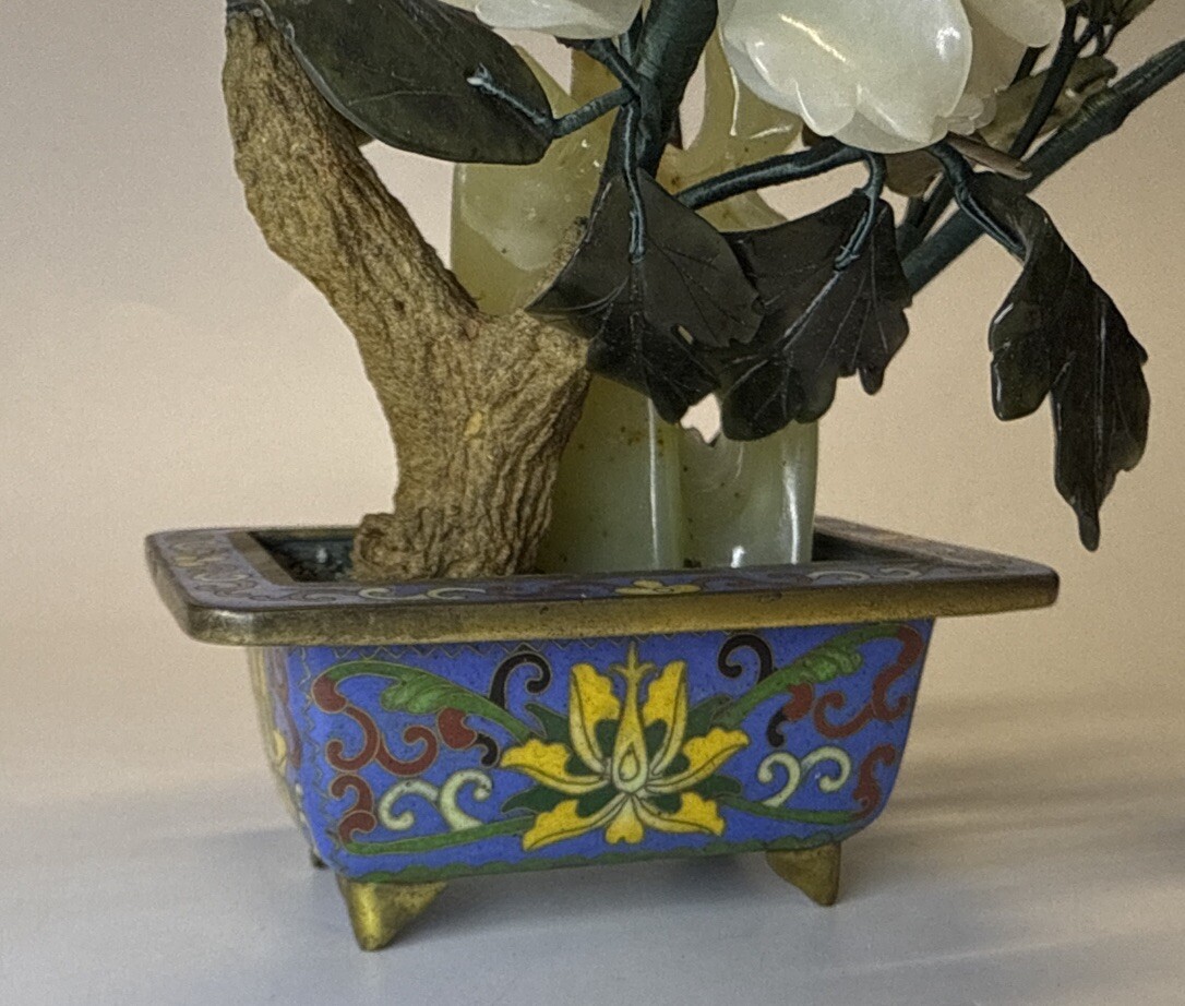 Vintage Chinese Qing Dynasty Turquoise Bonsai Tree in Cloisonné Planter Pot