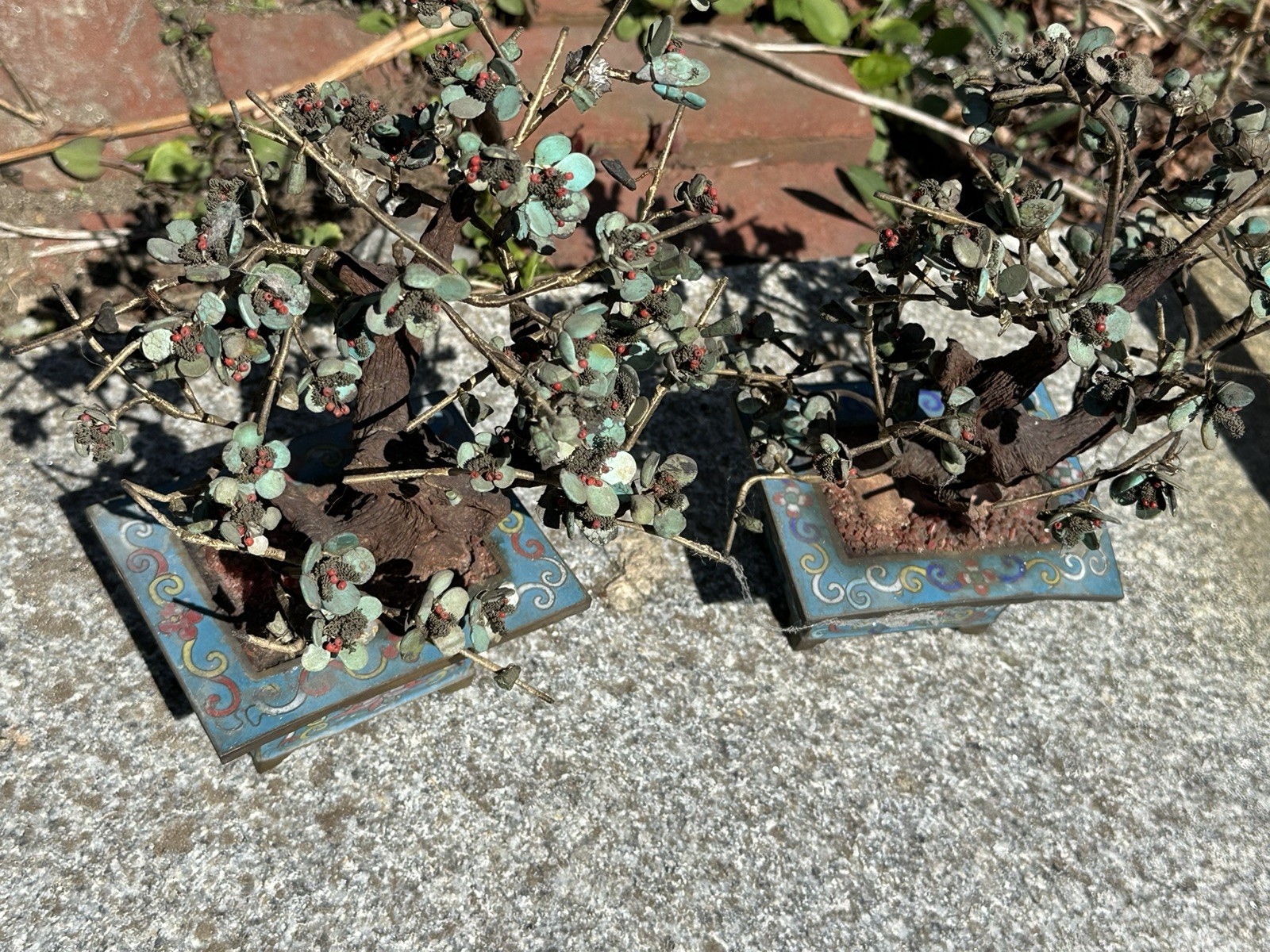 Vintage Pair of Chinese Hardstone Flower Bonsai Trees in Cloisonne Enamel Pots