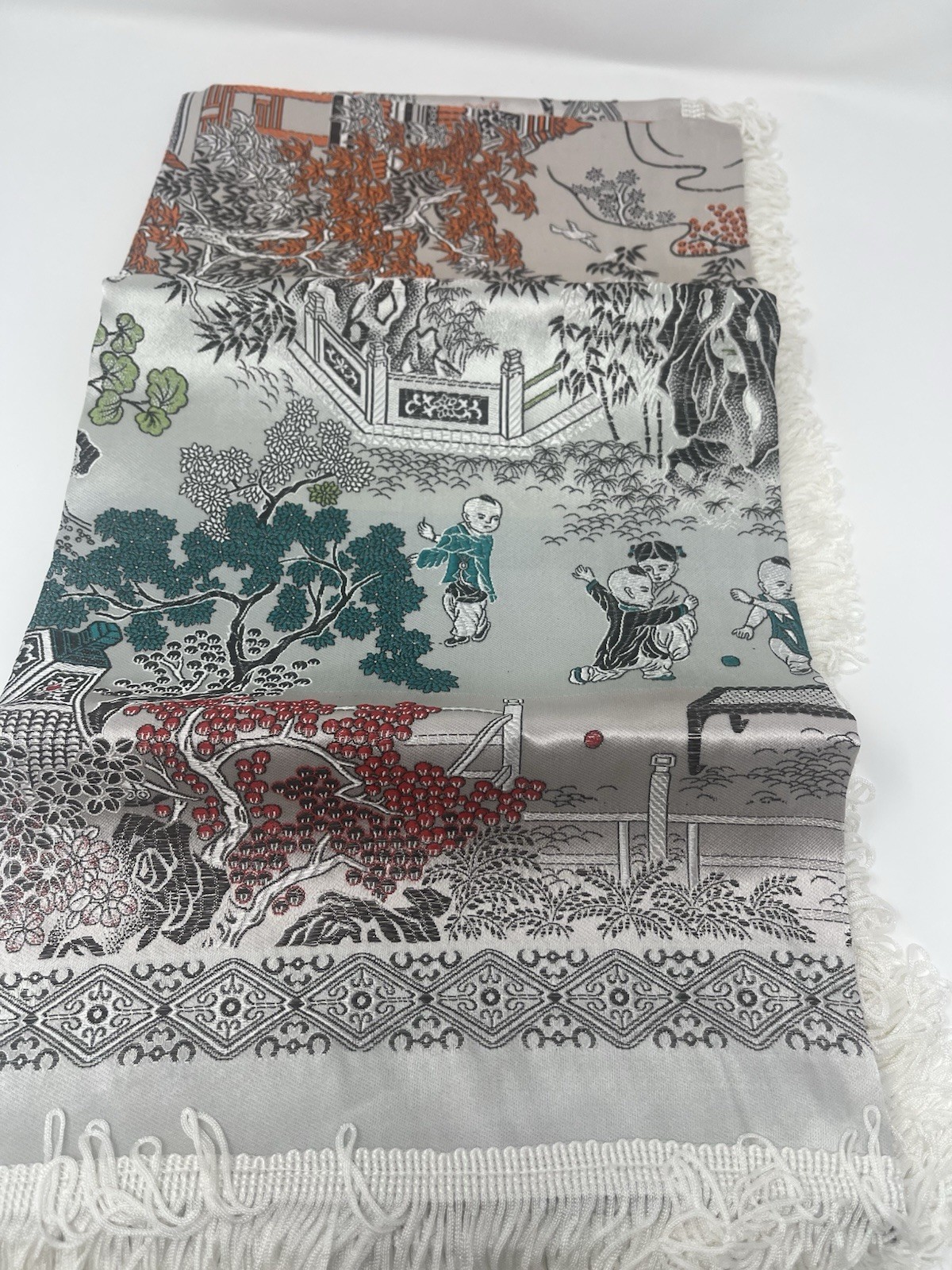 Chinese Silk Brocade Fringe Tablecloth Dragon Dance Asian Tapestry Vintage NWOT