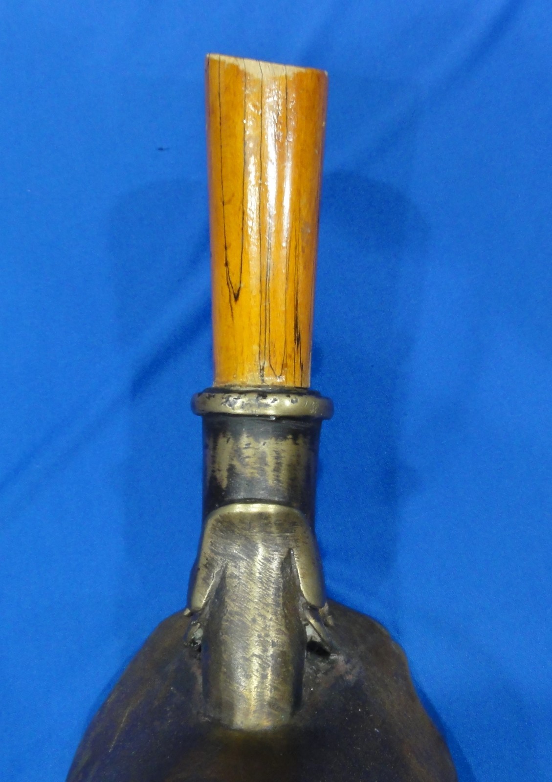 ANTIQUE CHINESE BRONZE CHARCOAL SILK IRON, HEAVY DUTY, 13.75” LONG, WOOD HANDLE
