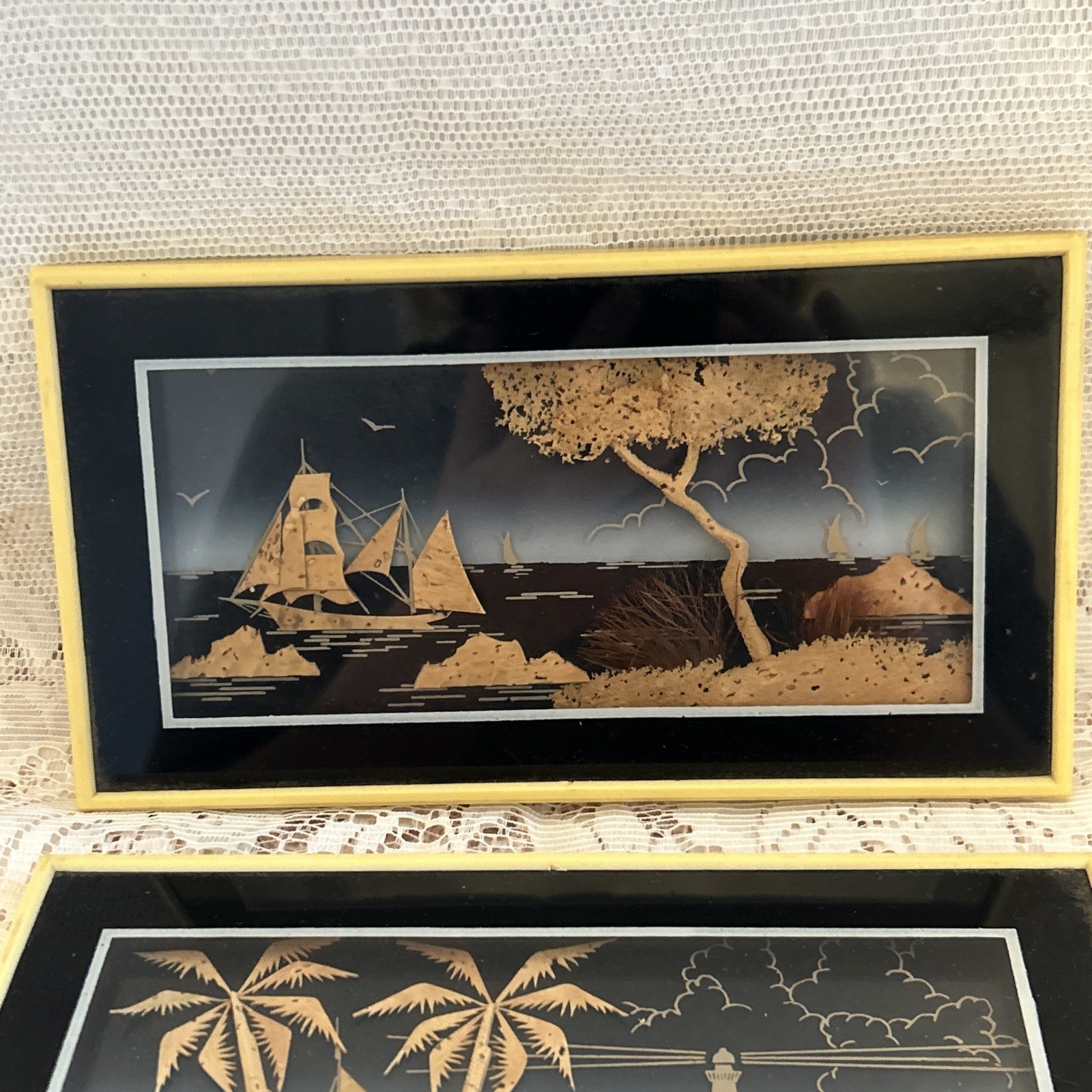 Vintage Framed Diorama Chinese Cork Art Pictures~Set Of 2