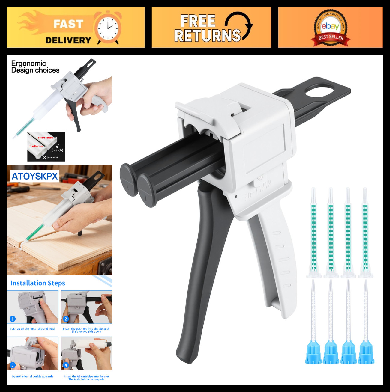 50ml Two-Component Epoxy Glue Dispensing Gun 1:1/2:1 + 8 Mixing Nozzles