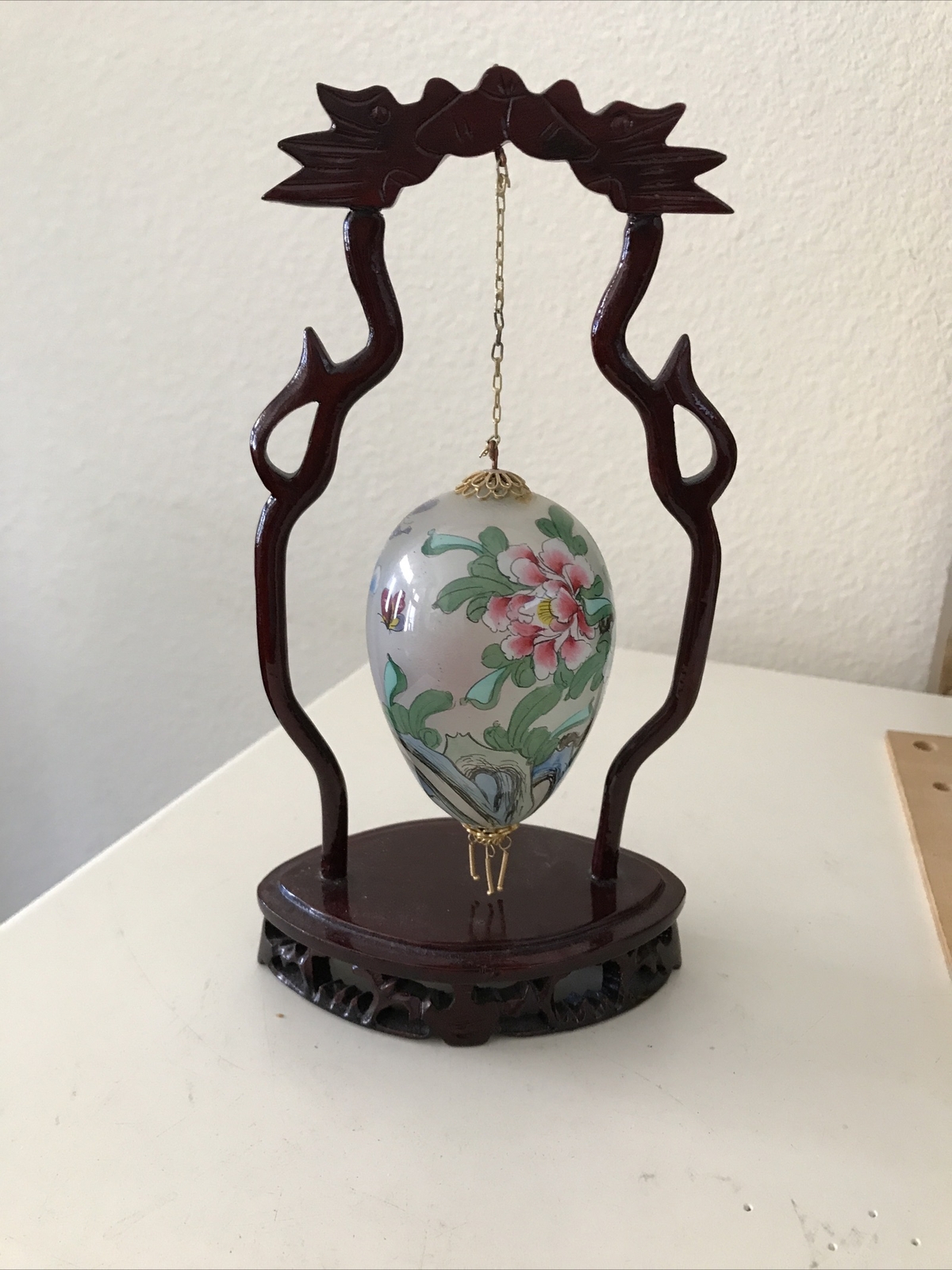 Vintage Reverse Hand painted Hanging Chinese Glass & Brass Egg On Wood Stand
