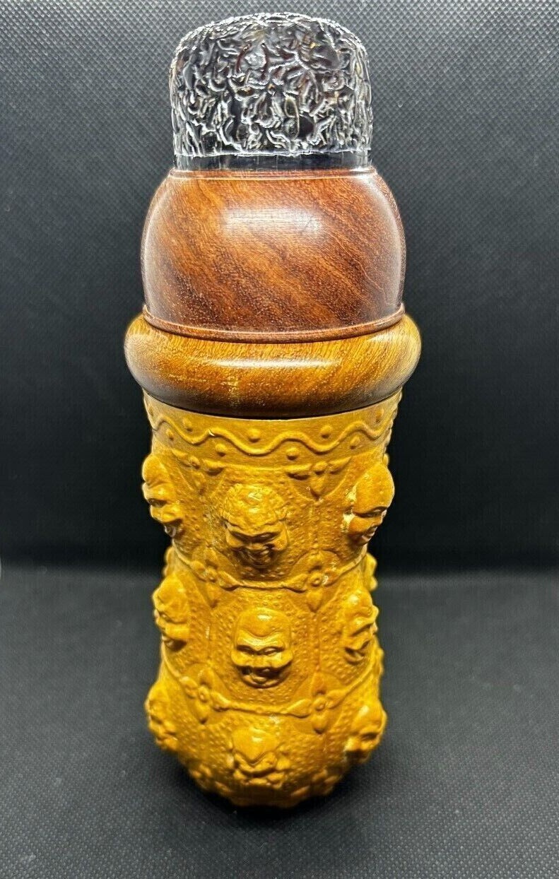 Rare Design Classic Chinese Monk Faces Cricket Container w/Special Carved Cover