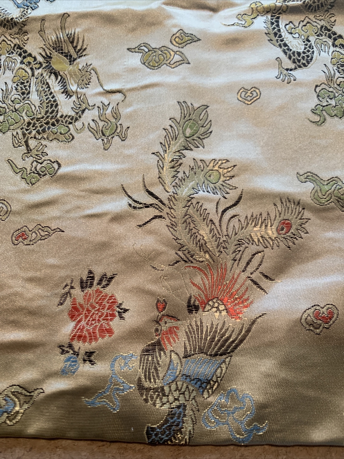 Vtg Chartruese+Satin Jacquard Brocade Oriental Pillow Cover~ Dragon~16.5”