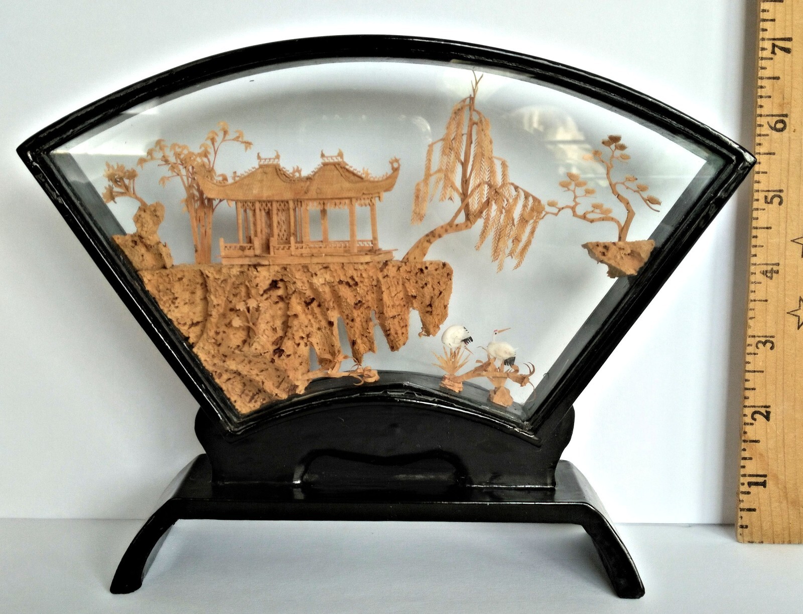 Chinese Hand-Carved Cork in Glass Shadow Box (On Display for Many Years)