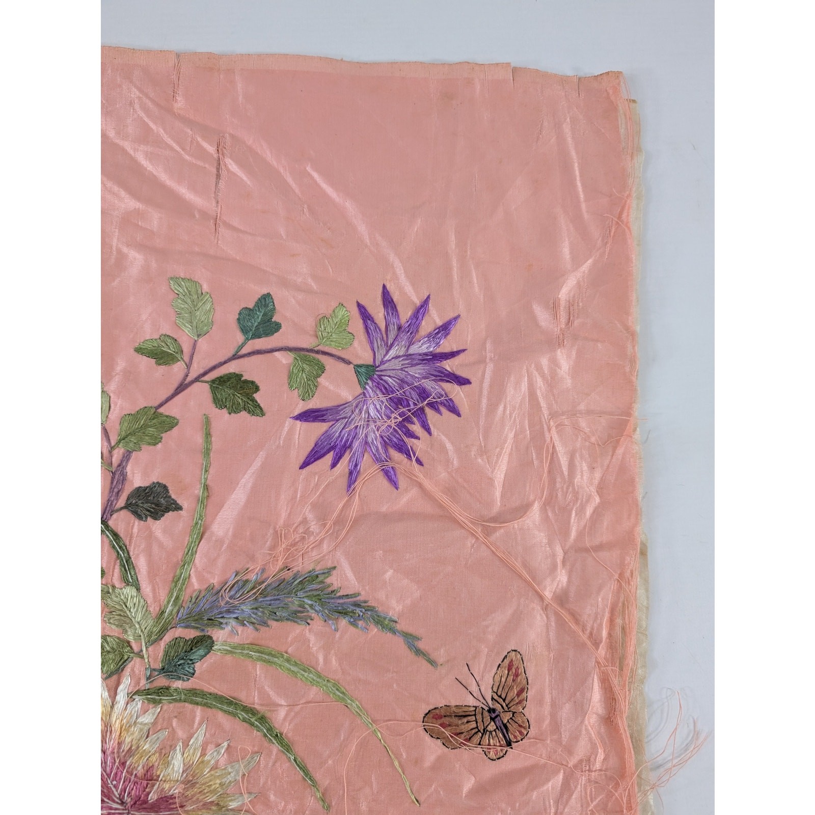 Vintage Chinese Hand Embroidered Floral & Butterfly Silk Textile 23x18in