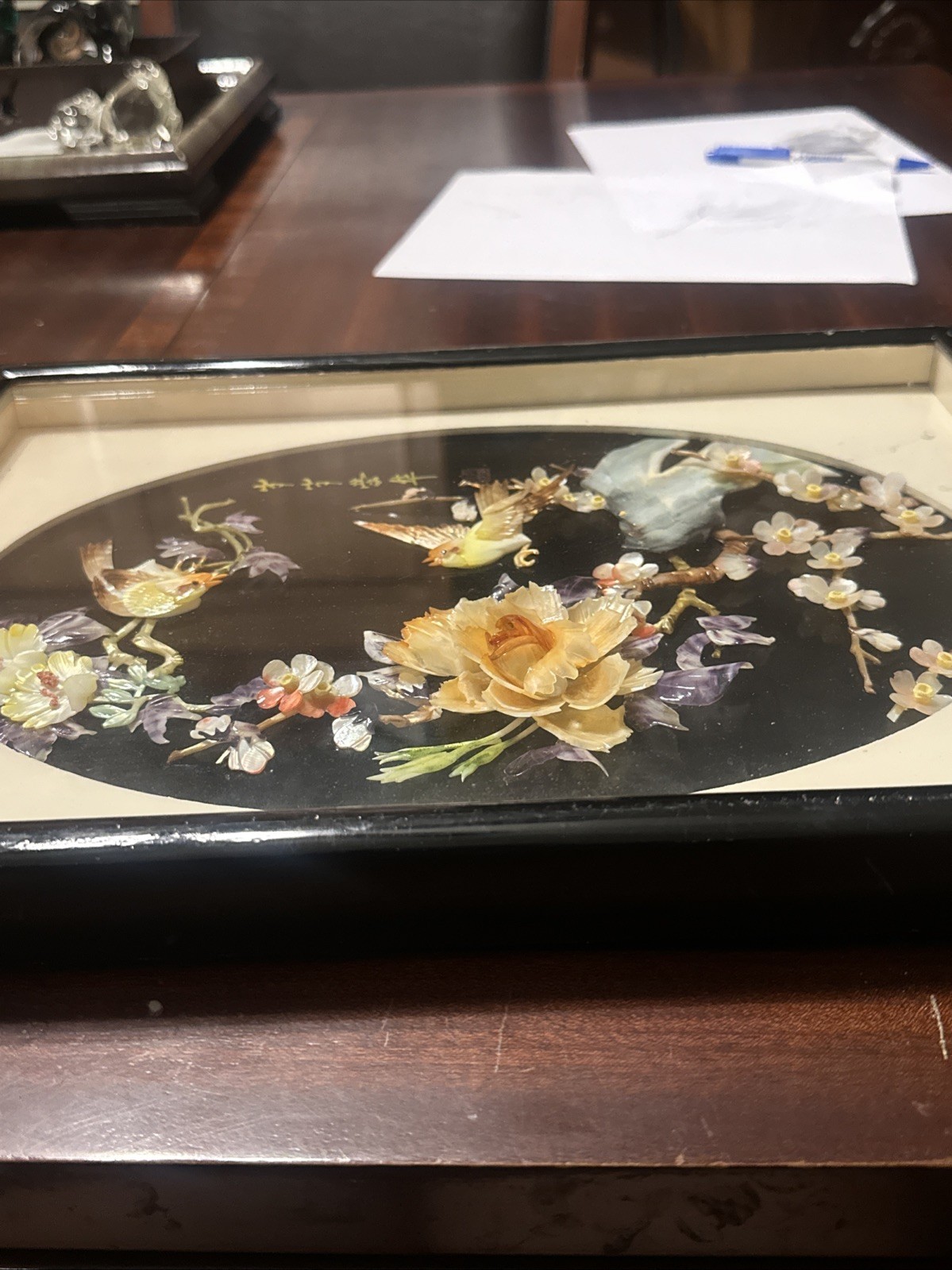 Mother of Pearl Shell Oriental Carved 3-D Wall Art with Flower/Bird Design