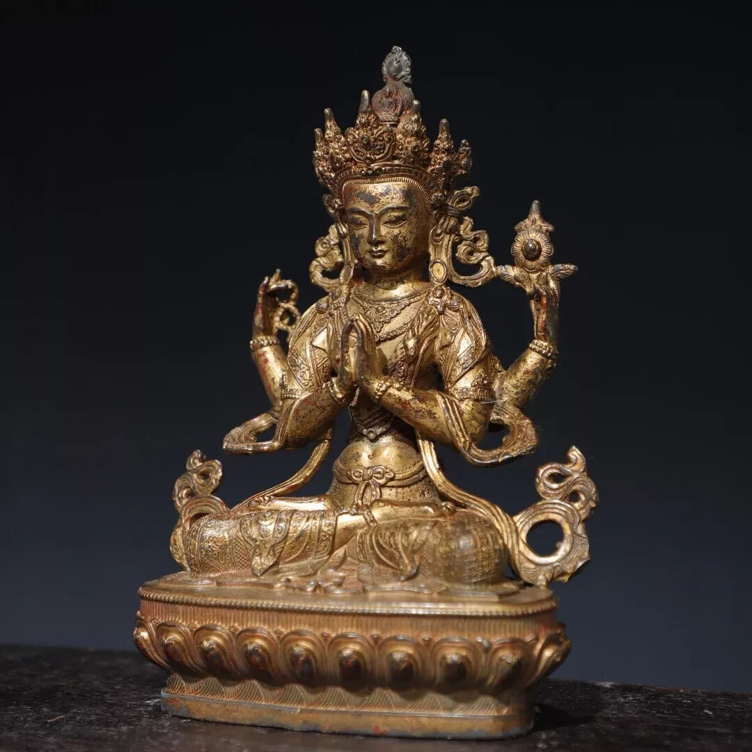 Fengshui old chinese copper Bronze mud gold [Four armed Guanyin] Buddha statue