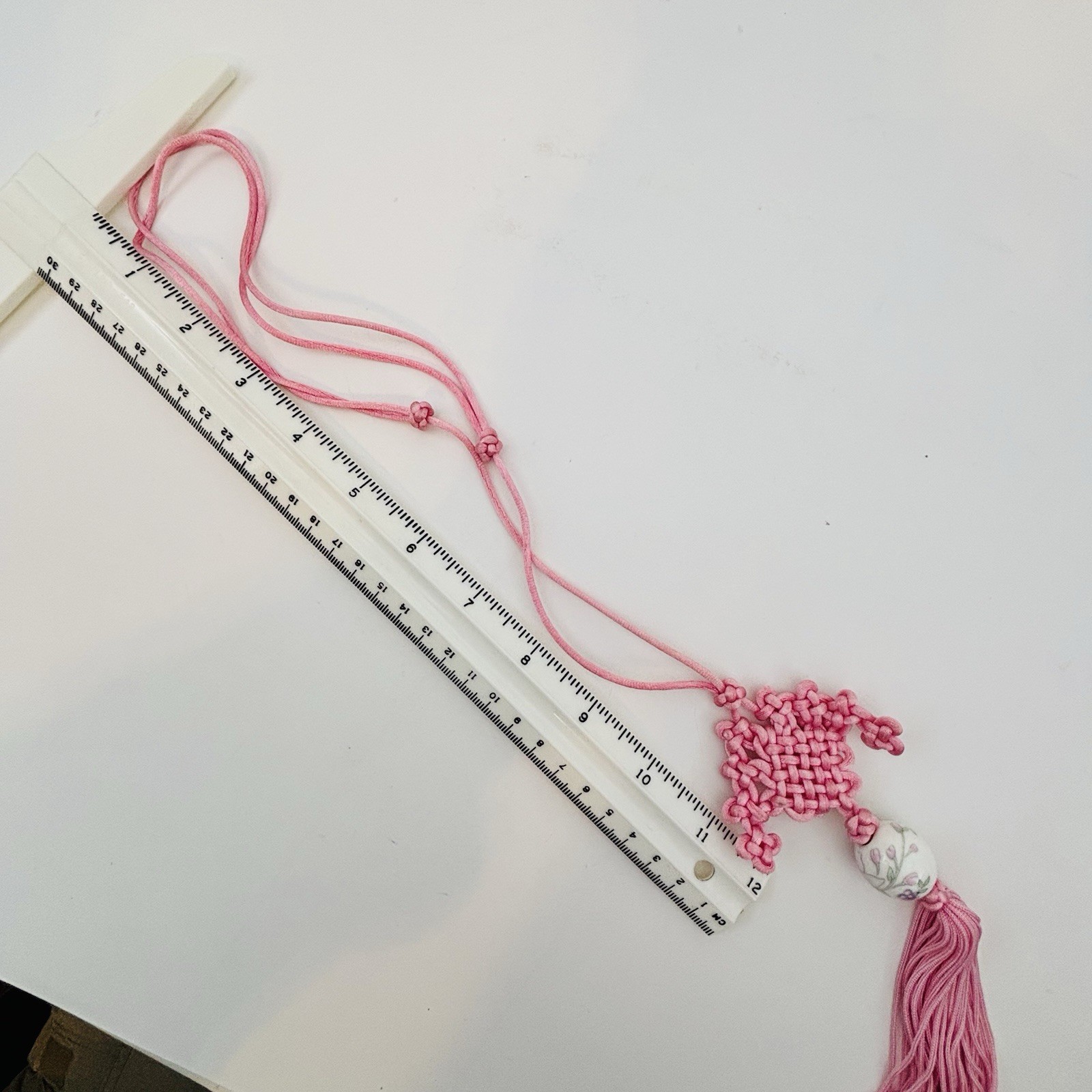 Oriental Chinese Lucky Knot Hanging Porcelain Ornament Pink With Tassel