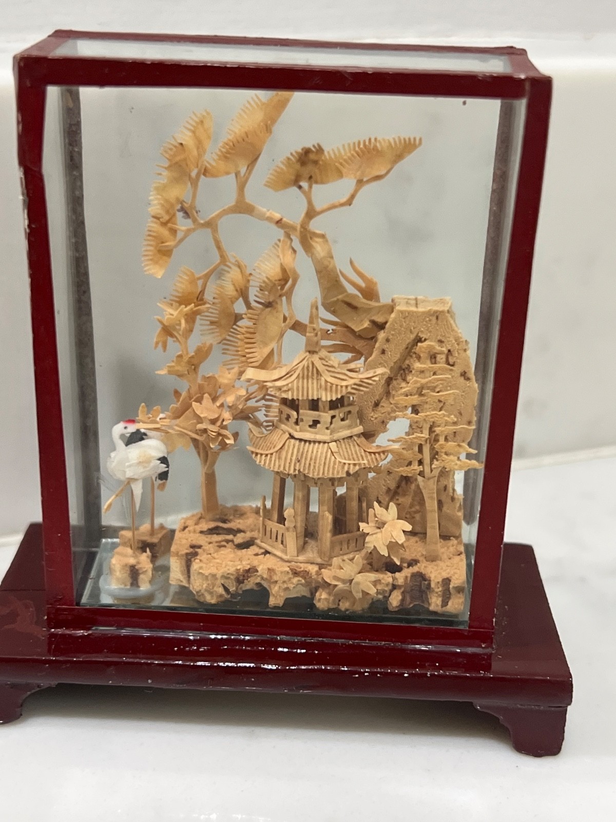 VTG Chinese Cork Carving Art Sculpture Small Diorama Cranes 3×3 Inches