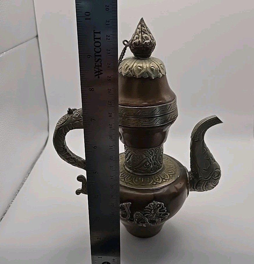 Antique Vintage Copper and Brass Carved Tibetan Teapot With Dragons EUC