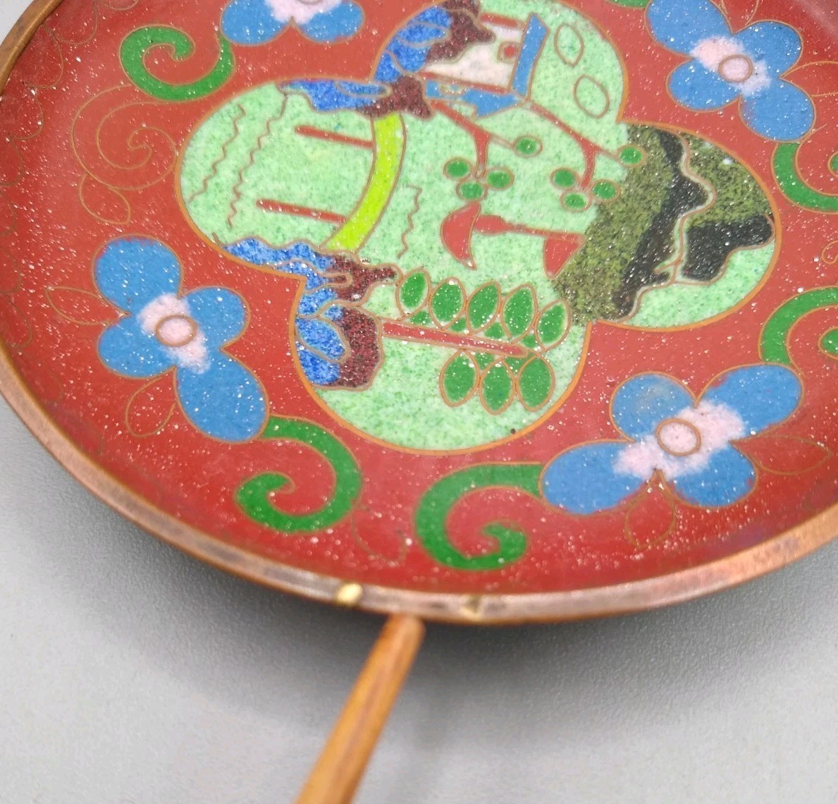 2 Vintage Chinese Cloisonné Enamel Dishes floral and landscape scene 3.75”