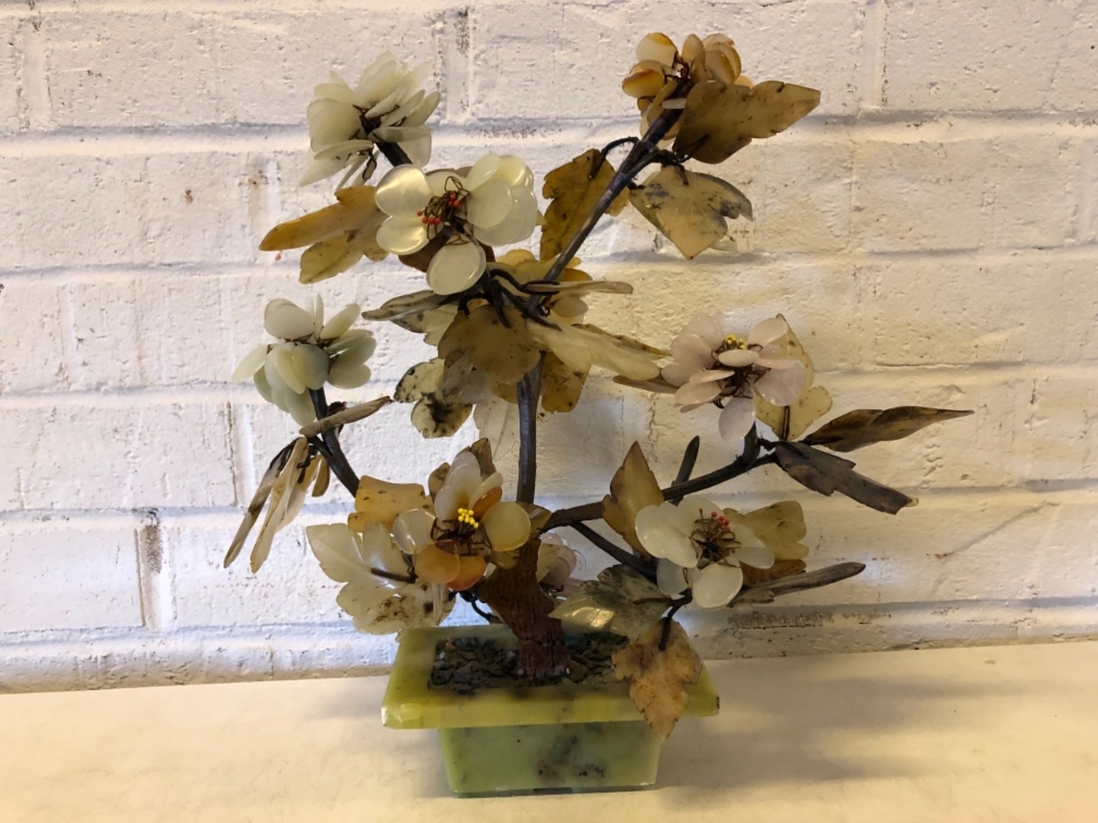 Vintage Asian Chinese Jade Mineral Multicolored Bonsai Tree with Base