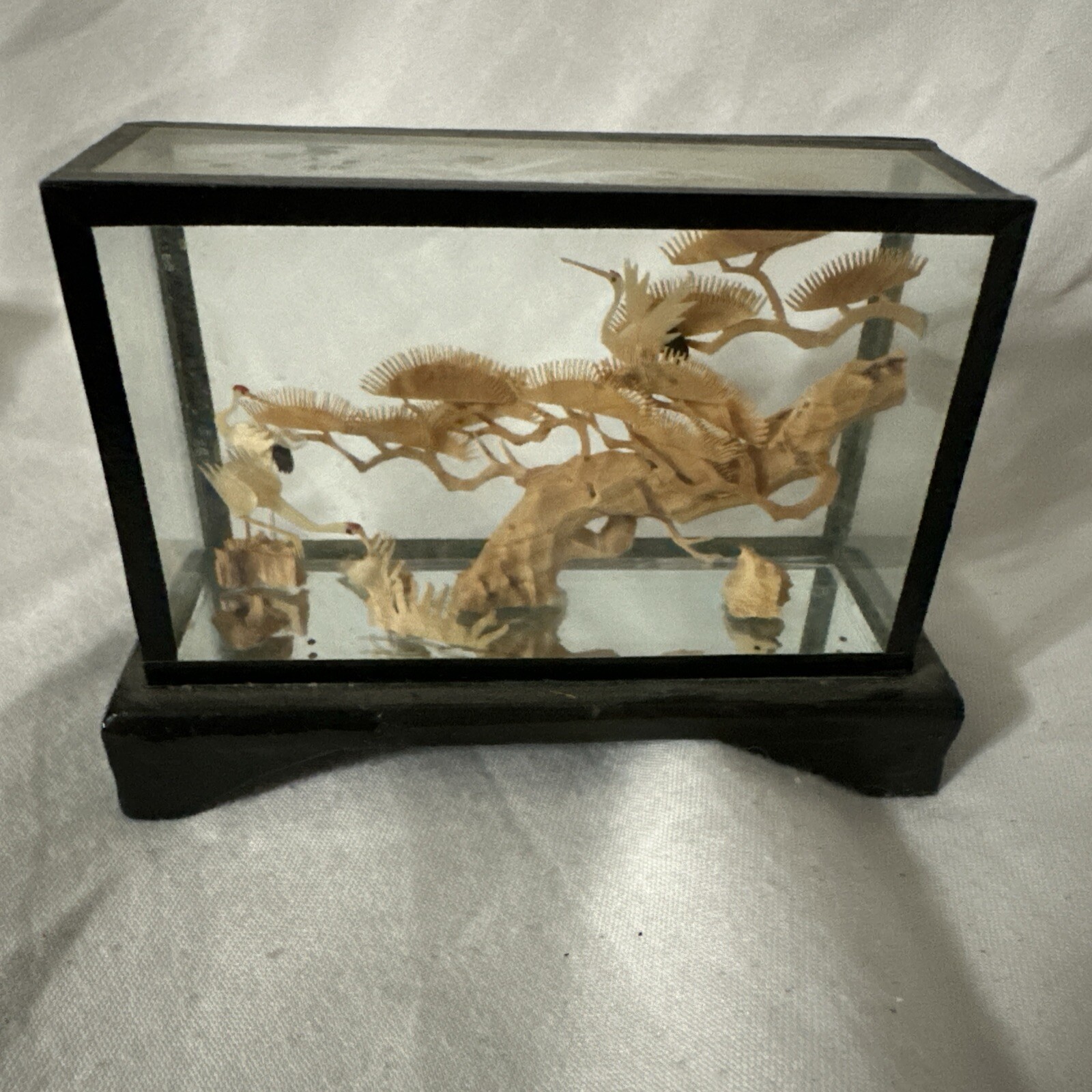 Lacquered Cork Art Small Diorama Hand Carved 3” of Pagoda & Cranes in Black Vtg