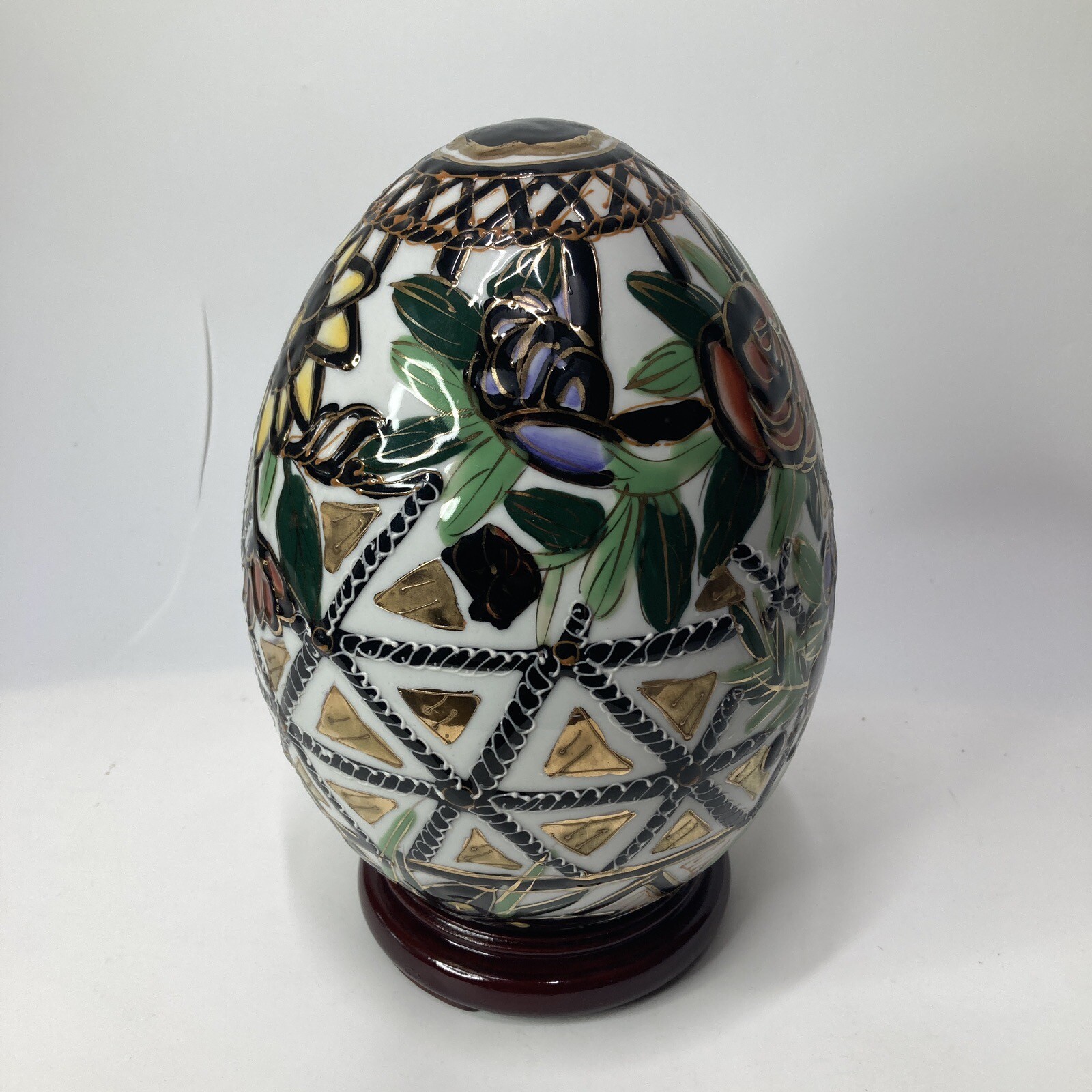 Chinese Porcelain Egg Black Gold Floral 9″ with Stand Decor multicolor Vintage