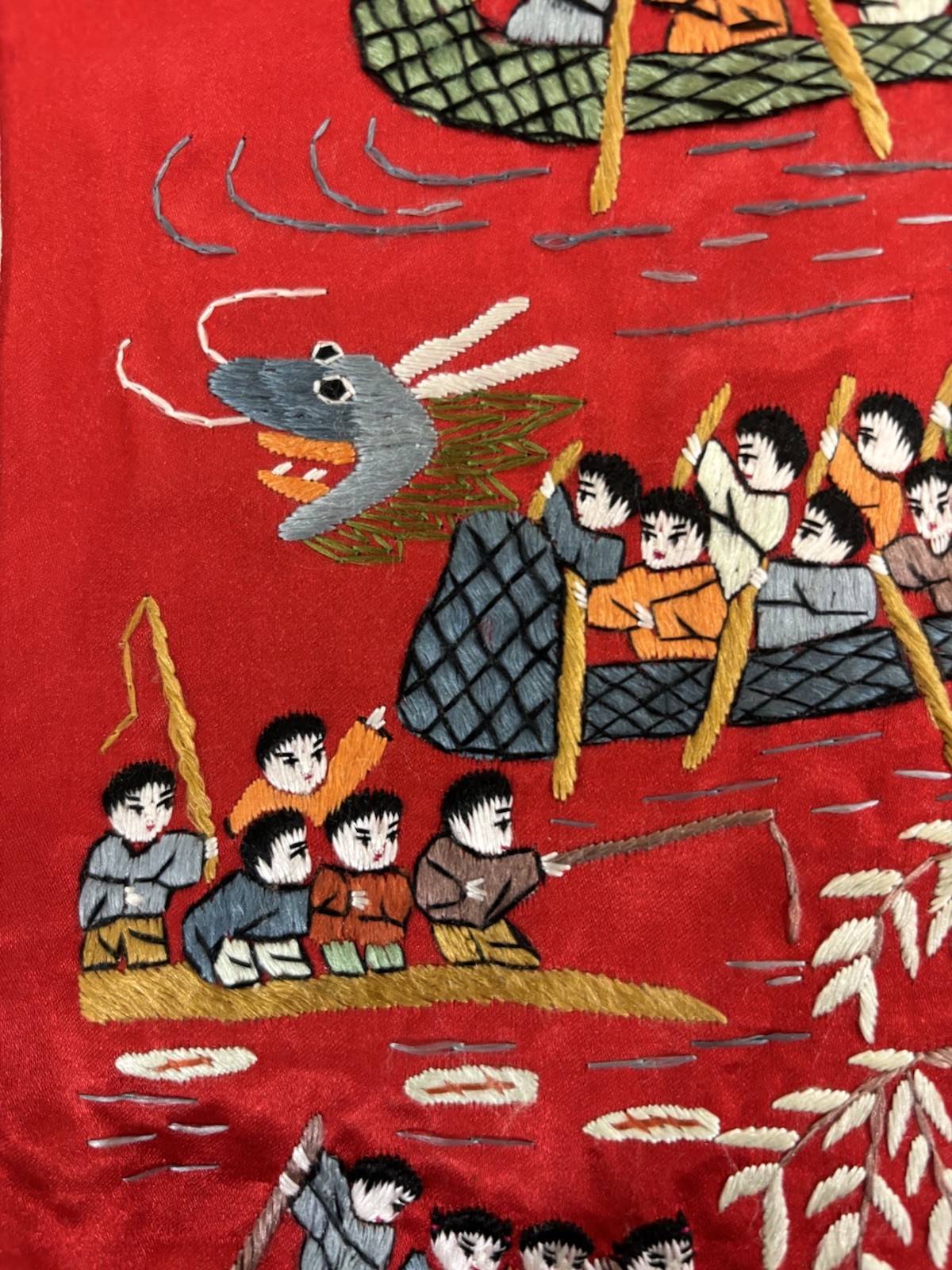 VTG Chinese Embroidered Red Silk Tapestry Children Dragon Boat Fishing Hanging