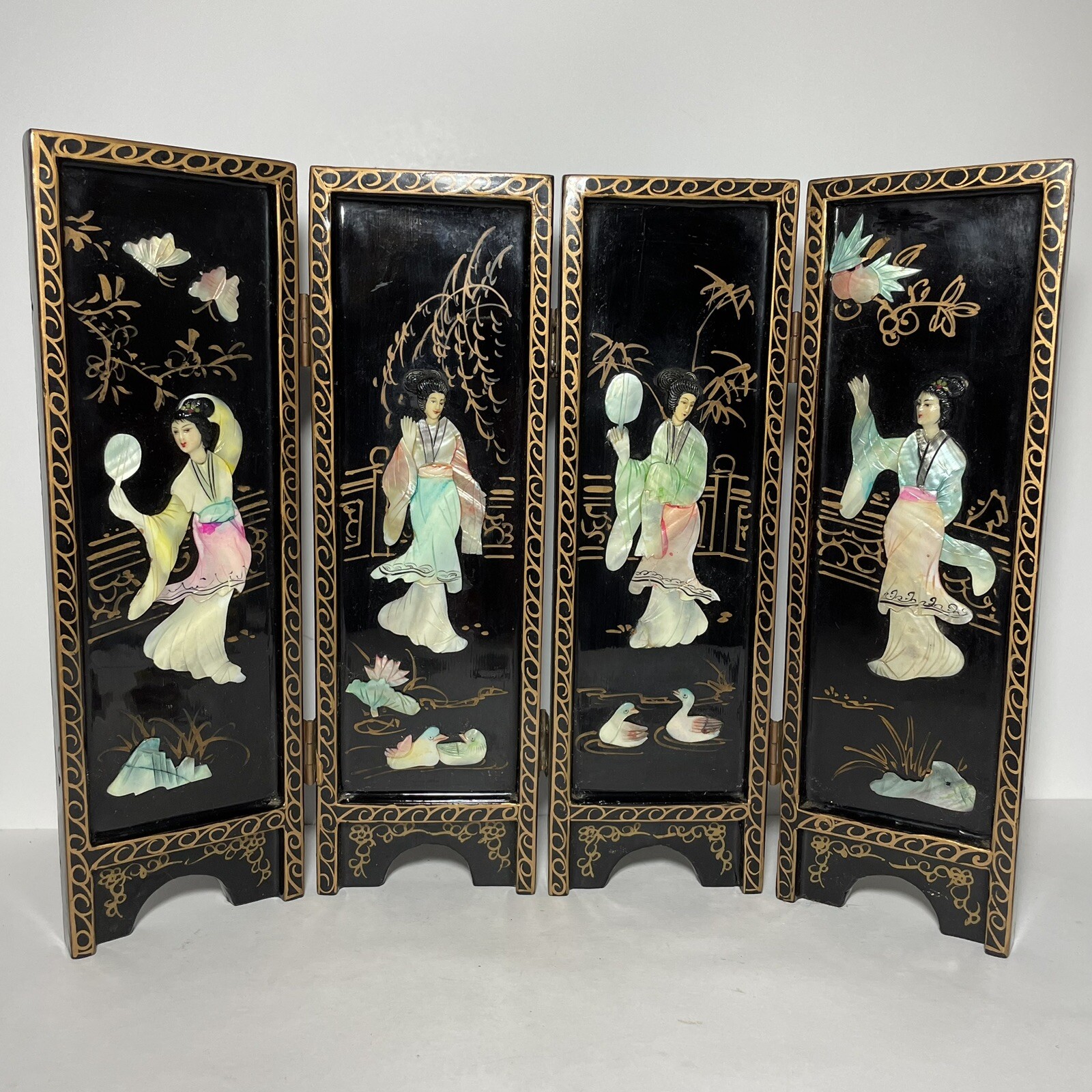 Vintage Oriental Black Lacquer Mother Of Pearl Geisha 4 Panel Screen 18”x14” SEE