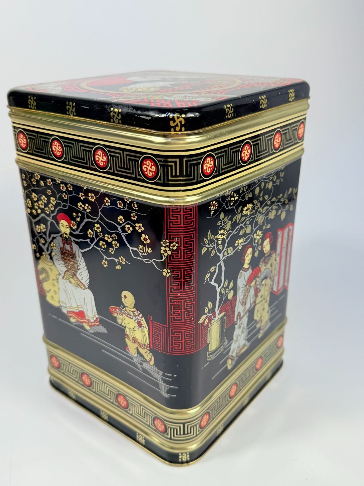English Tea Tin Caddy Vintage 1970s Chinese Hinged Lid Black Red Gold Cranes Asi
