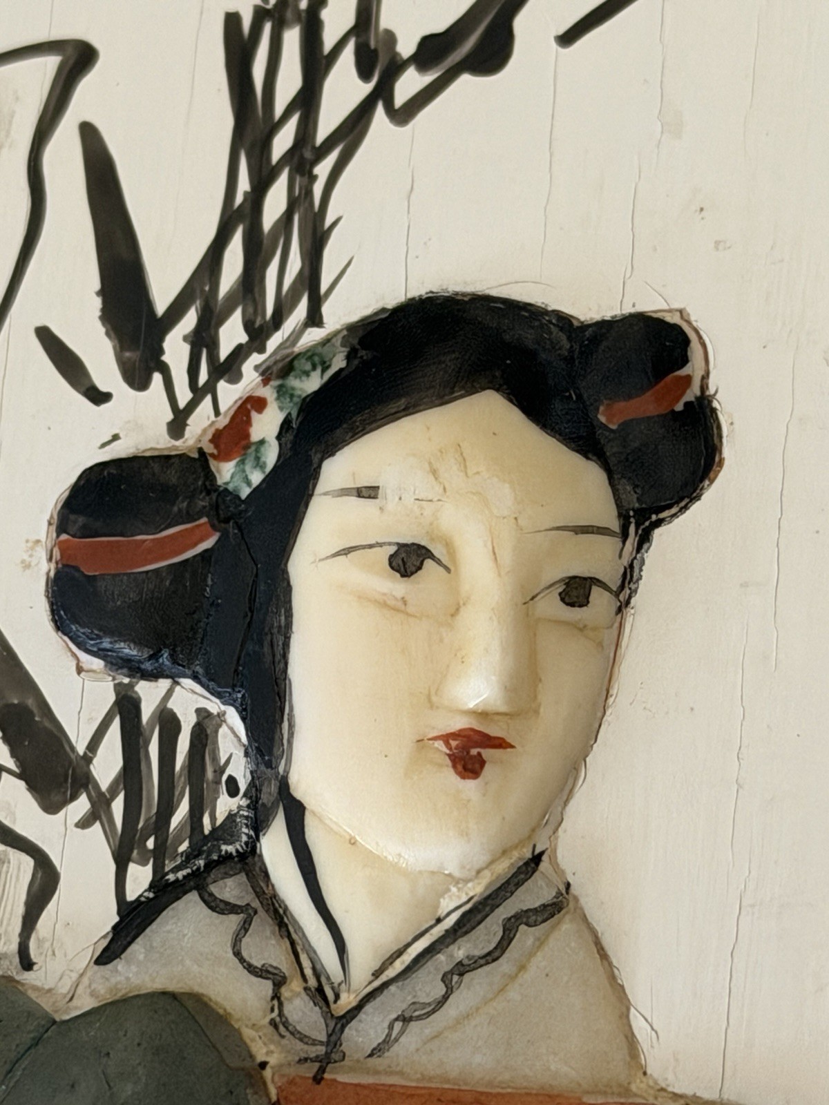 VTG Chinese Black Lacquer Wall Panels Pair Mother Pearl Inlay Geisha Art 19.5×9