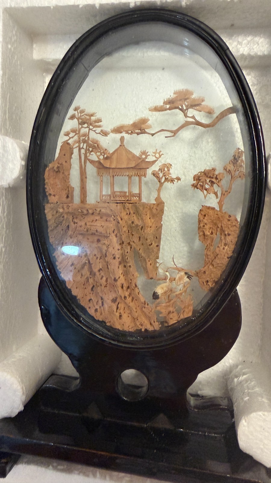 San You Chinese Carved Cork Diorama Glass Case Cranes Pagoda Trees 8 Inch