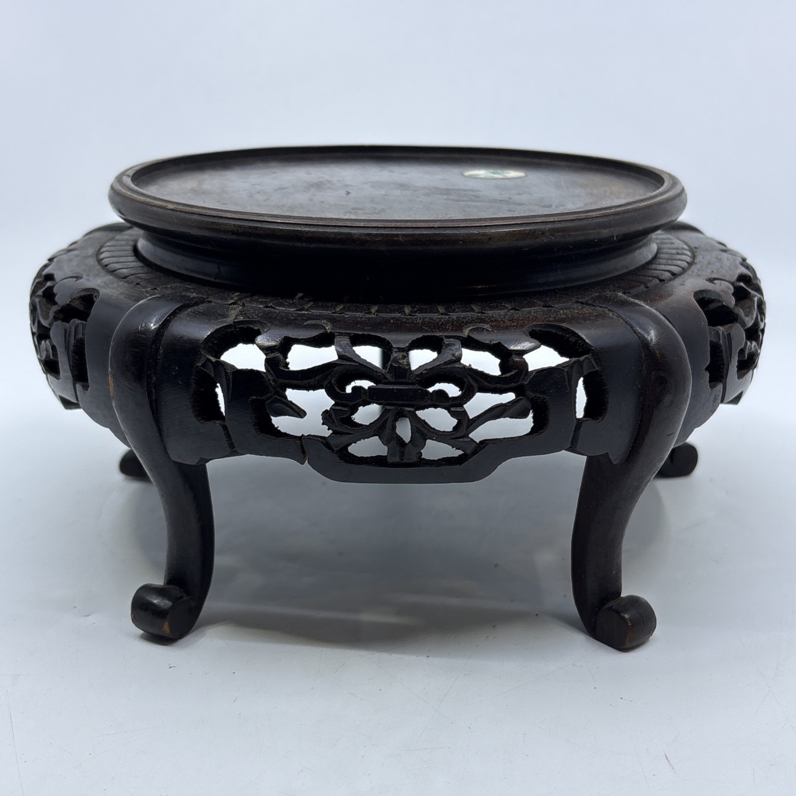 Vtg Chinese Wood Display Stand Vase Plant Asian Lamp Base Footed Round 6″ Inner