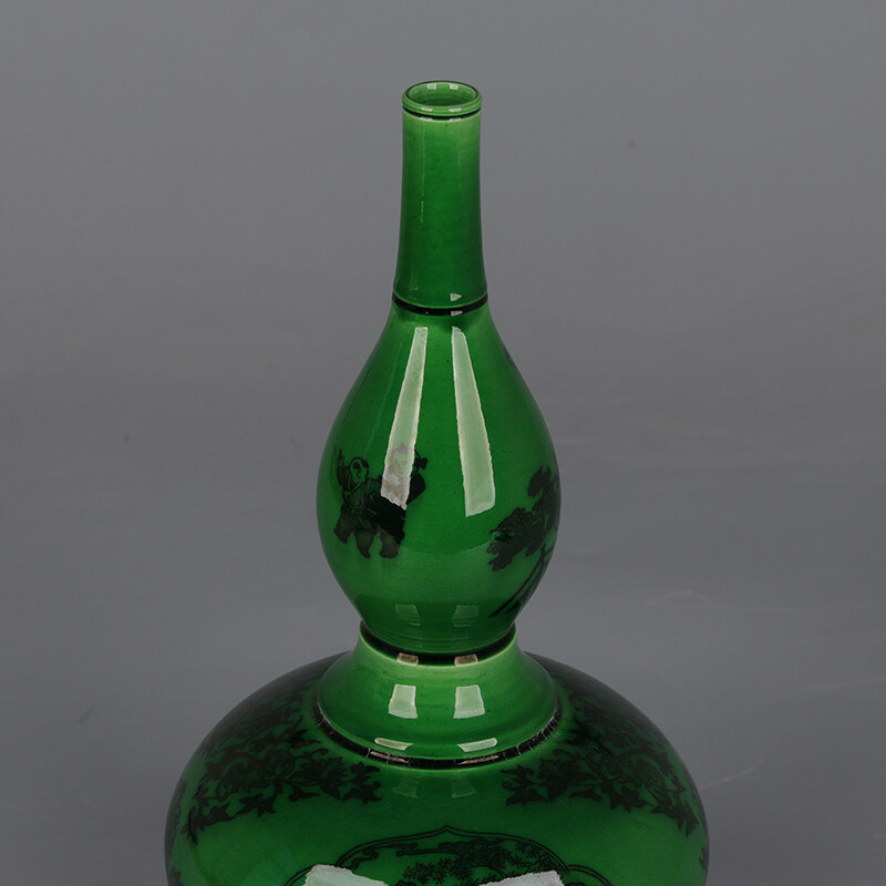 10.7″ China Kingfisher Coloured Glaze Porcelain Hacking Child Play Gourd Vase