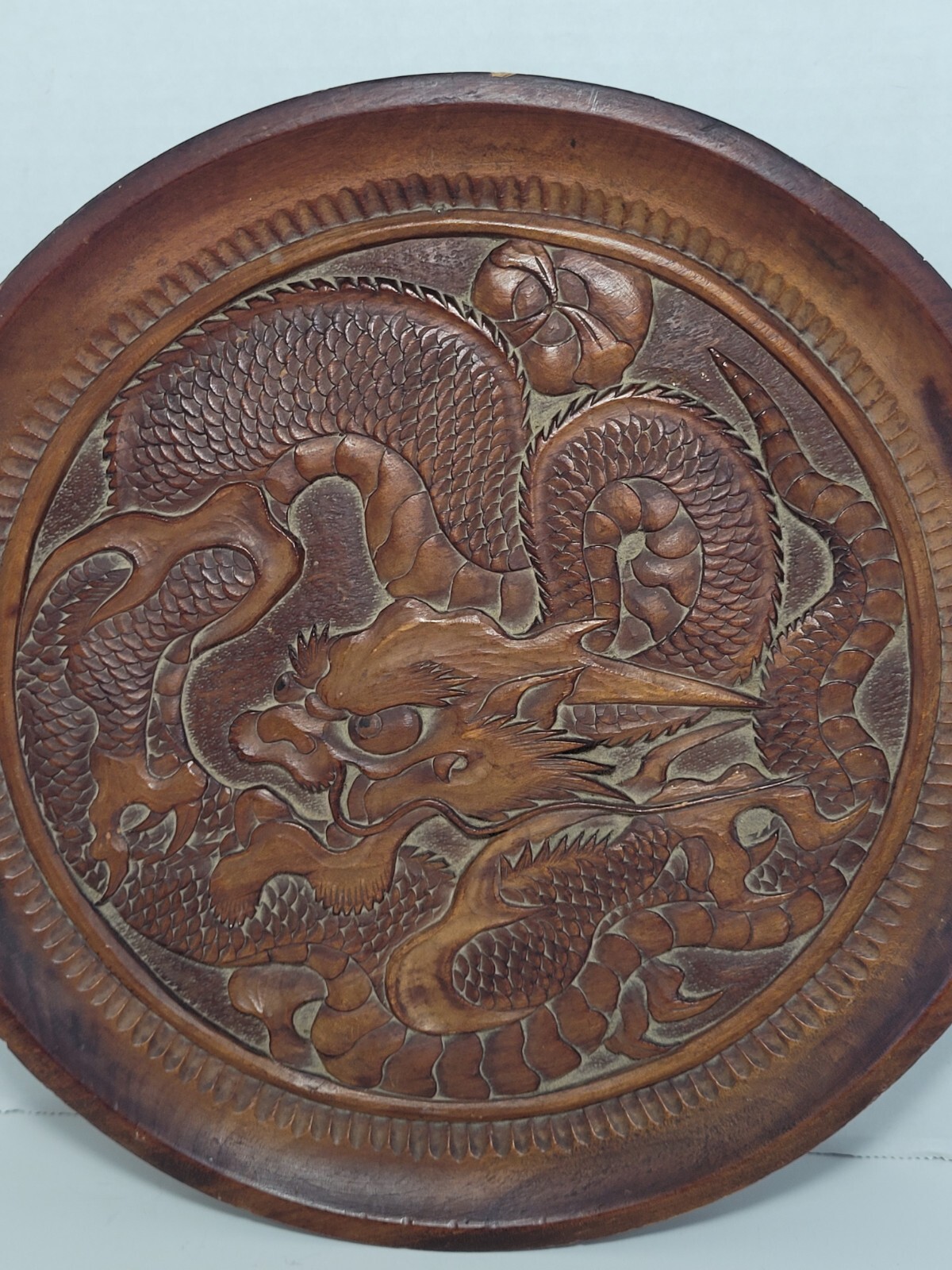 Vintage Carved Wooden Dragon Plaque Plate Chinese Decor Asian Oriental