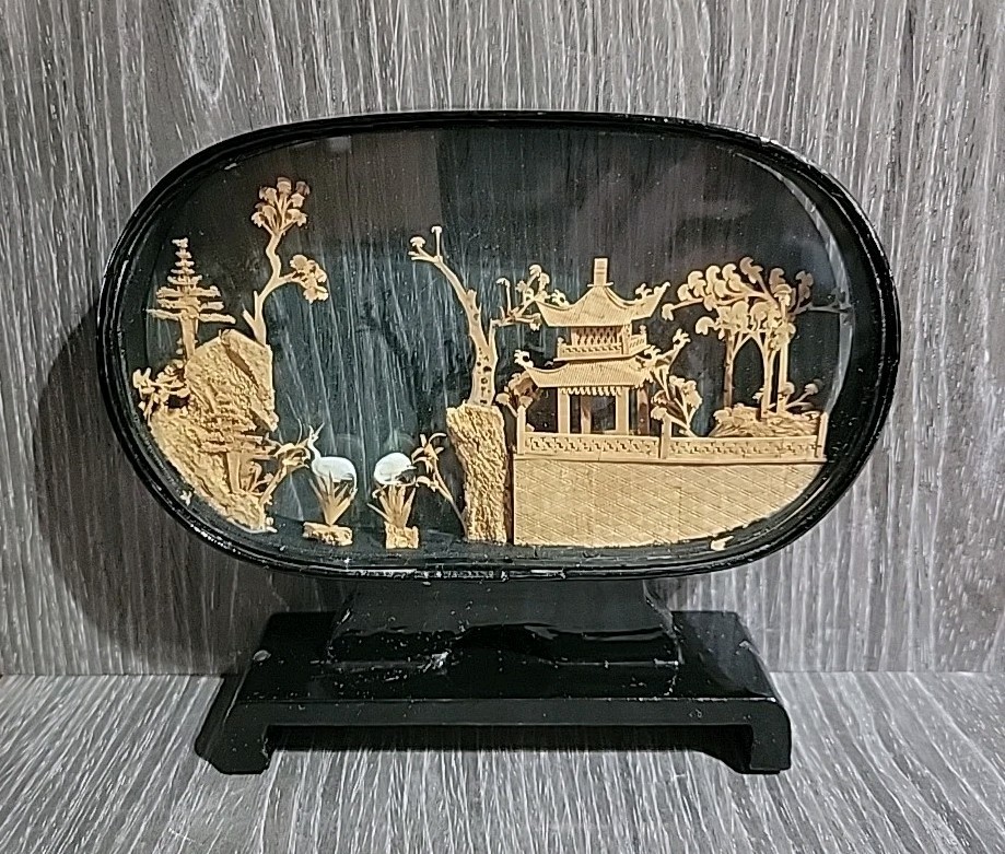 Vintage Chinese Diorama Cork Carving Glass Case Pagoda/Trees/Cranes 8″x6.5″x2″
