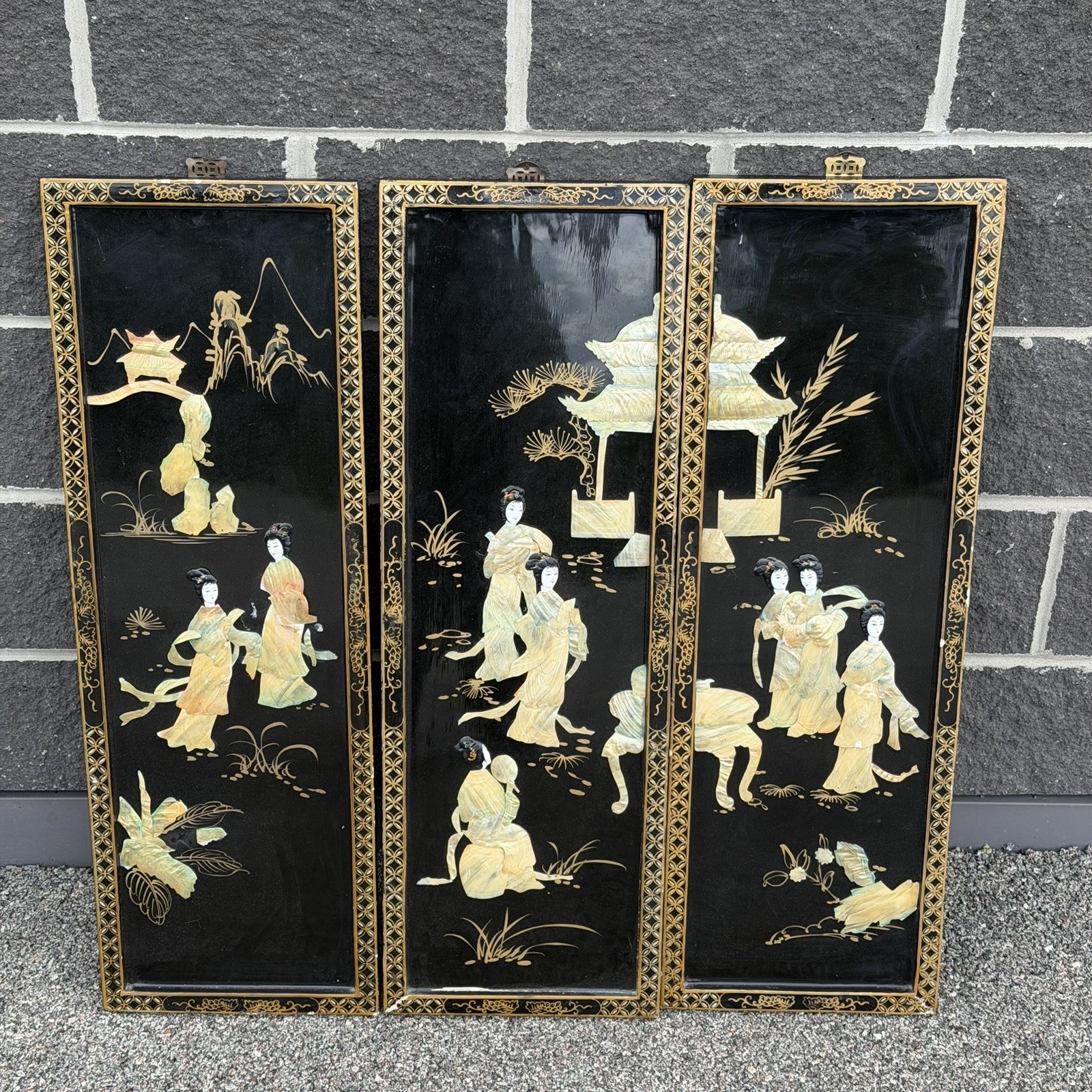 Vintage 3 Panel Mother of Pearl Geisha Wall Panels 12×36