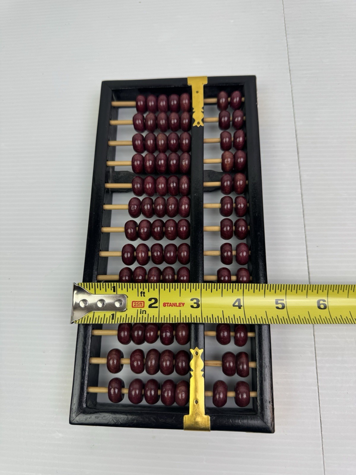 Vintage Chinese Abacus Wood & Brass Calculator 13 Row 91 Red Beads Brass Accents