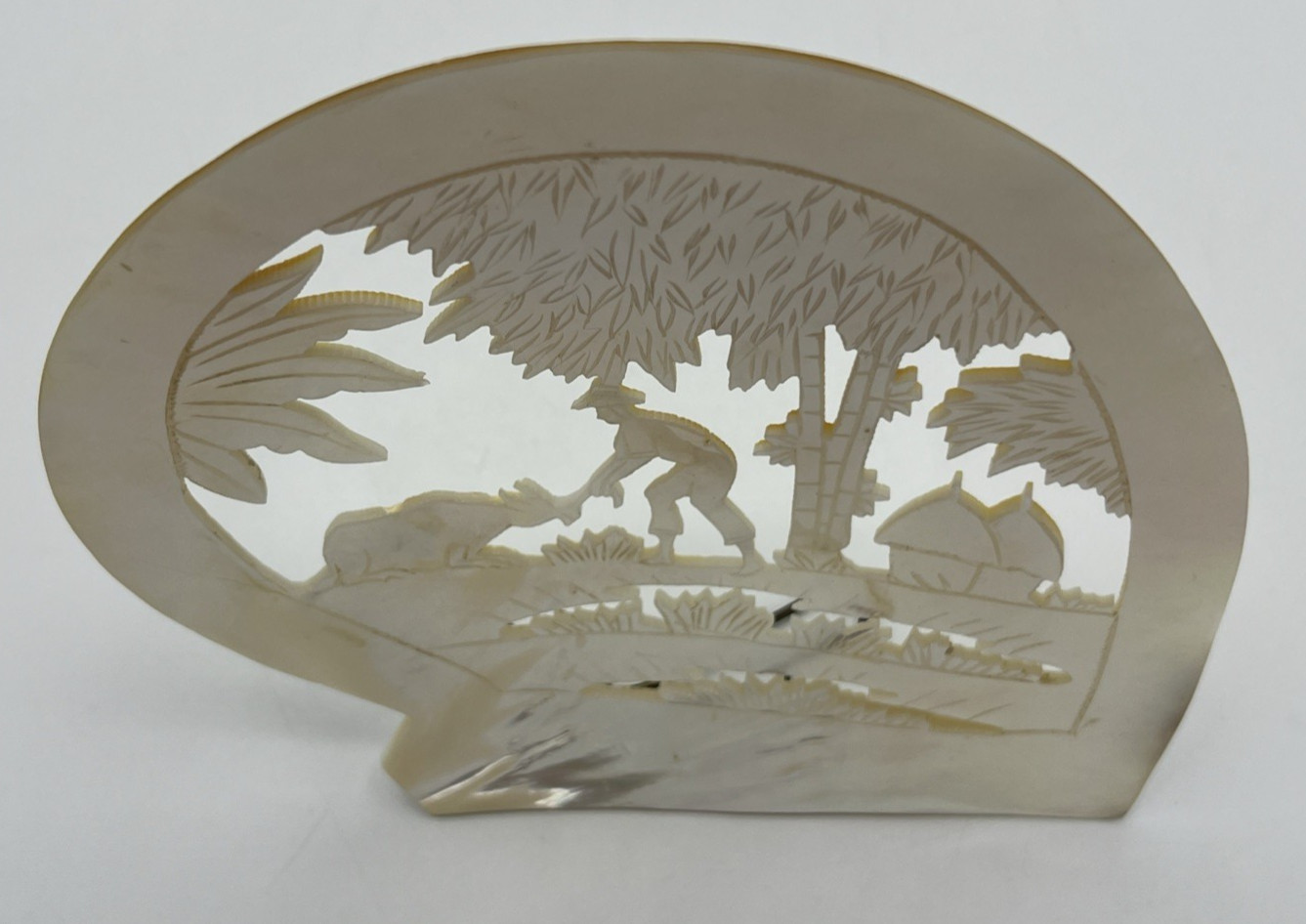 Carved Mother of Pearl Shell Asian Scene with Stand 6″ Tall