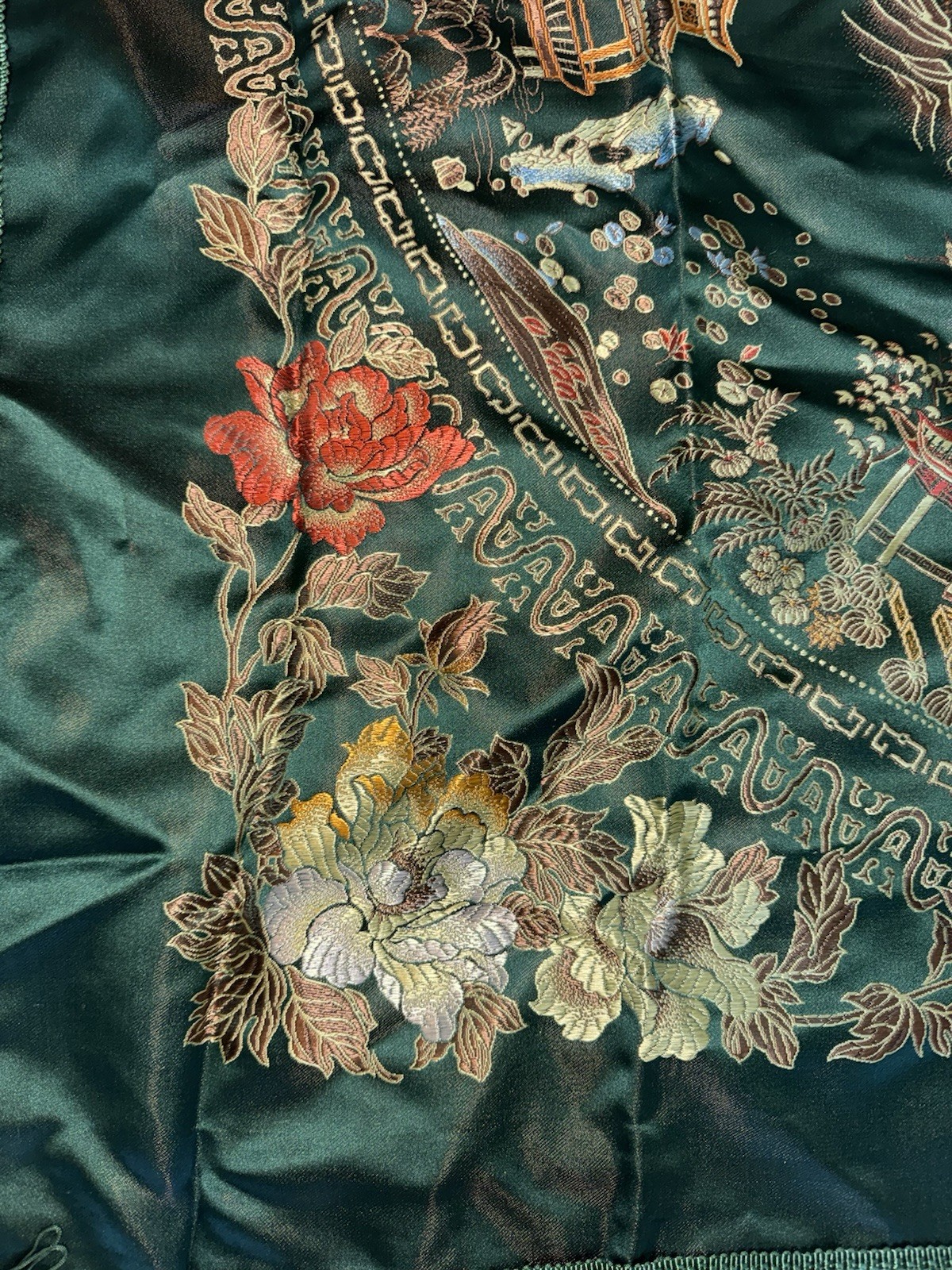 VTG Hangzhou Chinese Silk Brocade Piano Scarf Dragon Phoenix Tablecloth 48”