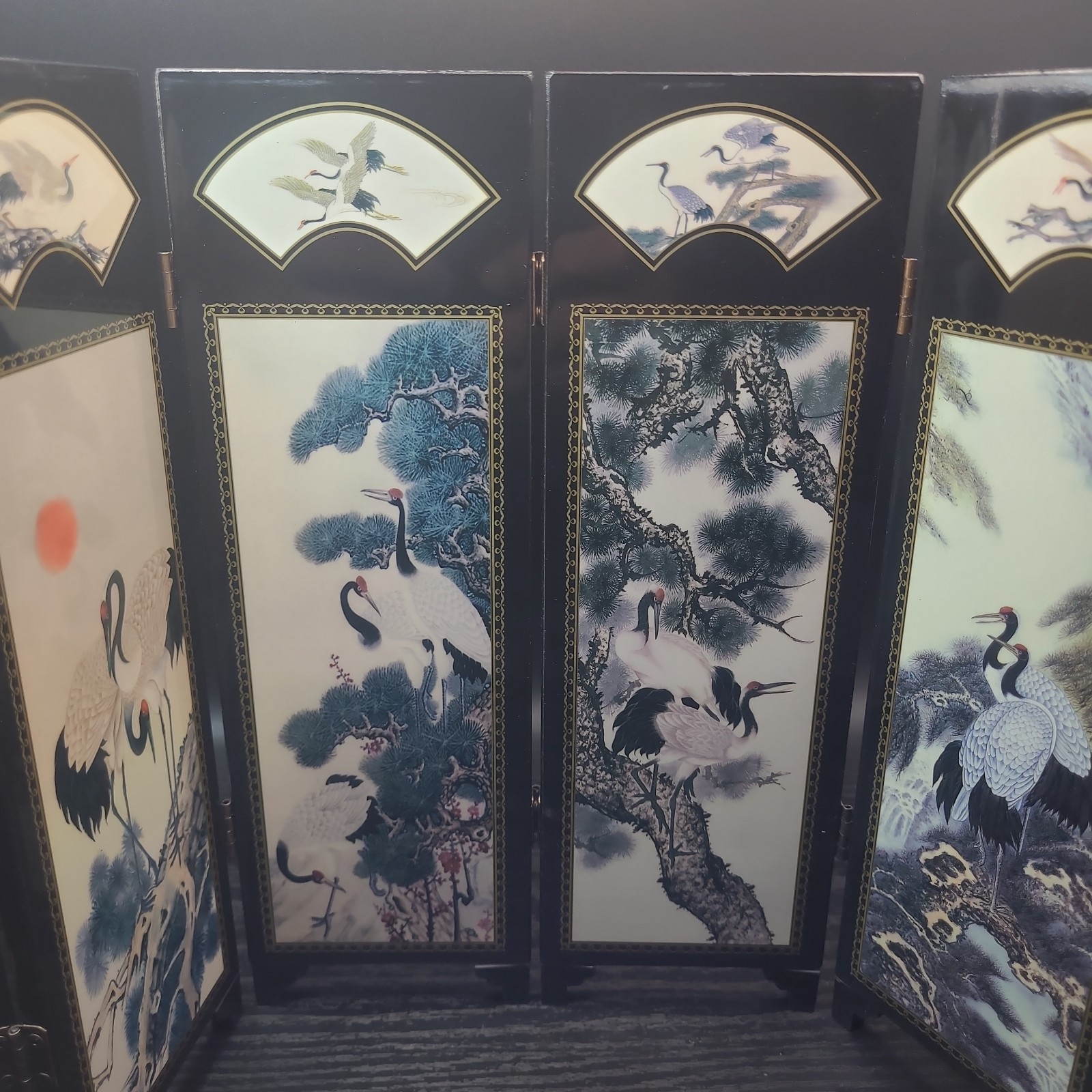 NEW Cranes And Pine Black Lacquer Small Panel Imitation Screen 18.6 In.