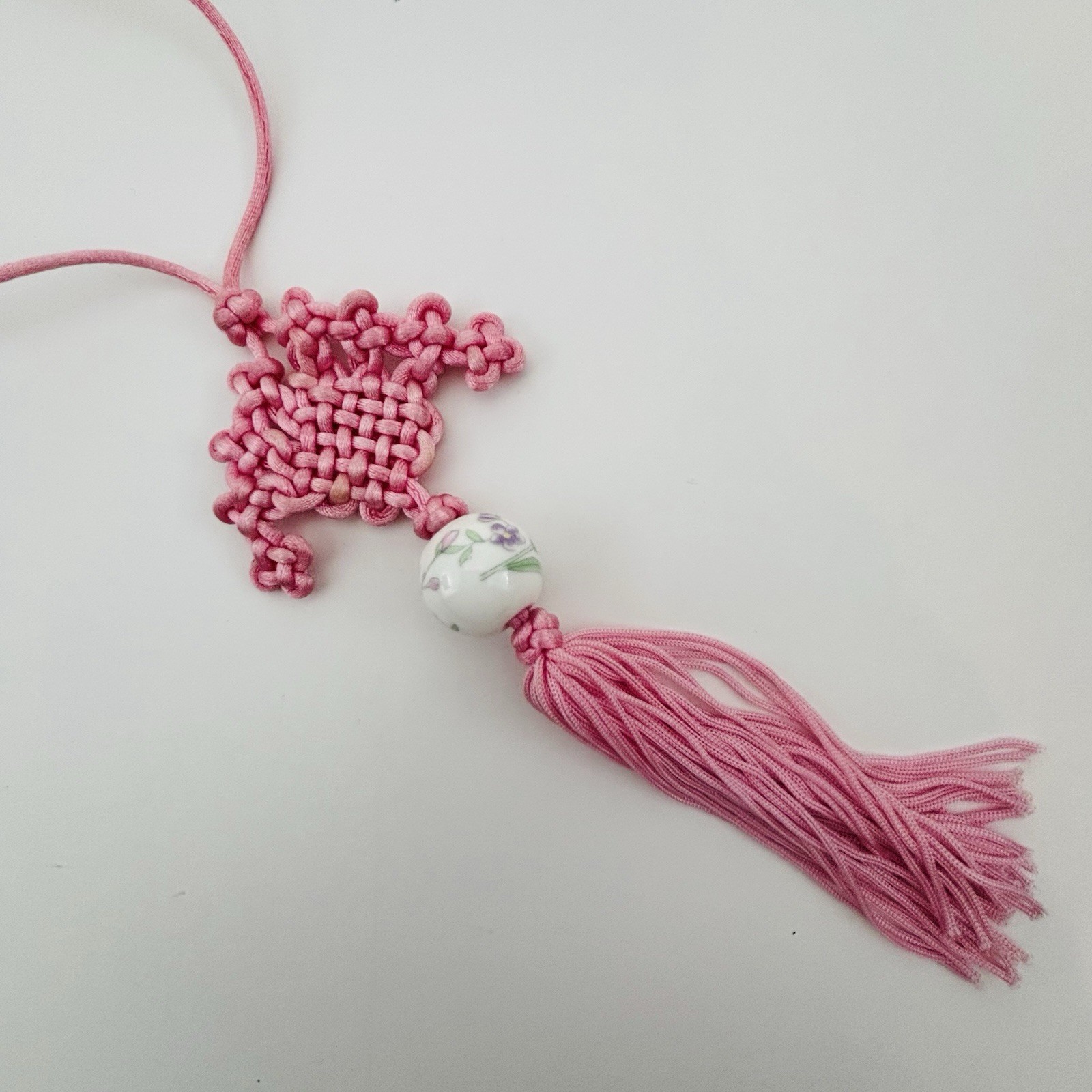 Oriental Chinese Lucky Knot Hanging Porcelain Ornament Pink With Tassel